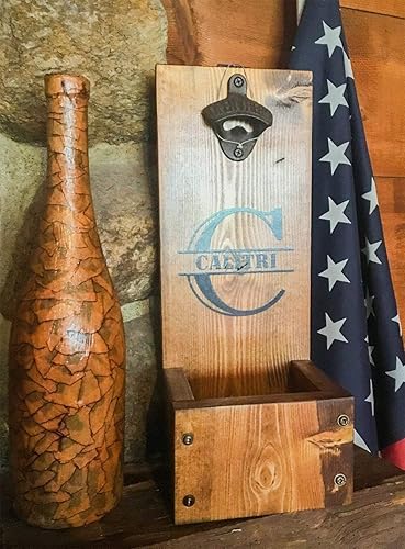 Miniatura 2 de Abridor de botellas de cerveza rústico con receptor de tapa, montaje en pared o de pie, regalo de madera personalizado