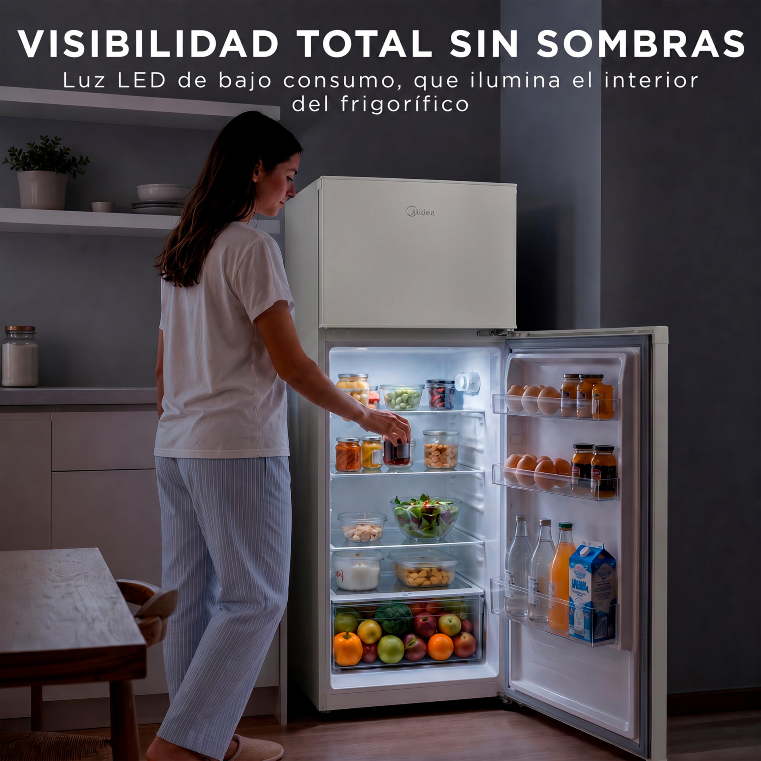 Midea Frigorífico 2 puertas 140 cm alto x 55 cm ancho, Blanco, Capacidad 204 L, Nevera Pequeña con Congelador Low Frost de Bajo Consumo, Puerta Reversible, Luz LED, Silencioso 40dB, Cajón de Frutas