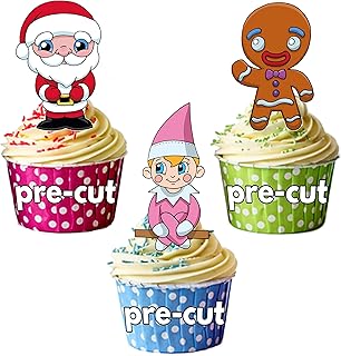 AK Giftshop PRE-CUT Cute Christmas Characters Mix - Edible Cupcake Toppers/Cake Decorations (Pack of 12)