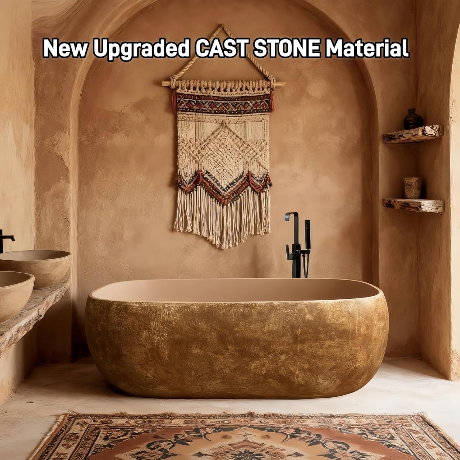 71" Edeyeu Freestanding Bathtub - Modern Designer Solid Surface Bathtub Soaking Tub With Extra Deep Ergonomic High Back, Luxury Stone Texture Free Standing Tub, Artistic Style