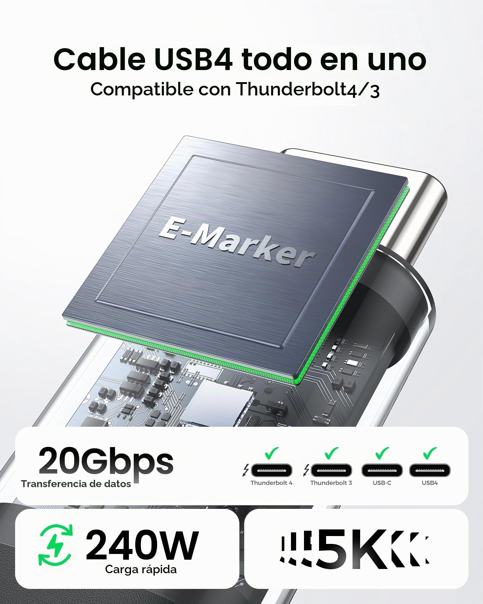 Silkland Cable USB4 Thunderbolt 4 5m, Transferencia de Datos de 20Gbps, 5K/4K a 60Hz, Carga Rápida de 240W, Compatible con Thunderbolt 4/3, MacBook, DELL XPS, Surface Pro, Auriculares VR