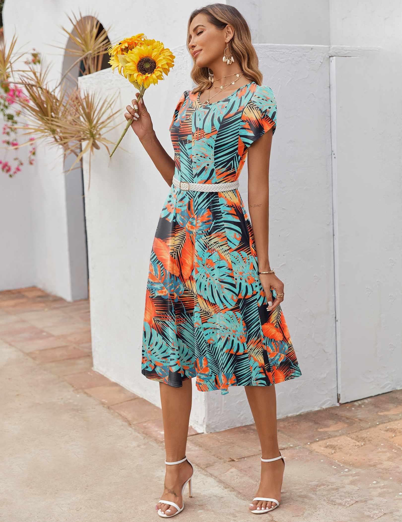 Zeagoo Vestidos casuales de verano para mujer, de manga corta, acampanado, vestido de playa suelto