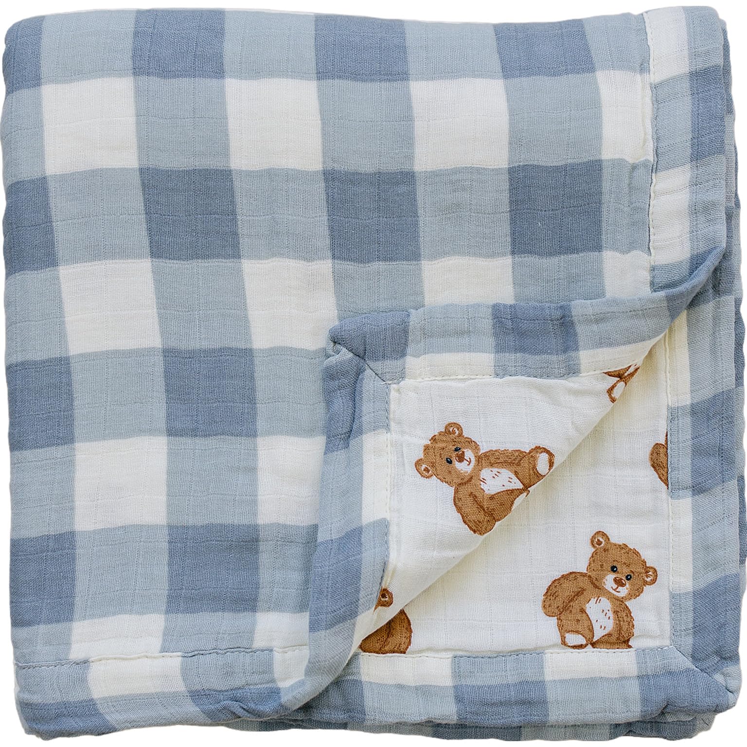 Mebie Baby Muslin Quilt, Dusty Blue Gingham Teddy Bear, 100% Cotton Baby Blanket for Girls &amp; Boys, Newborns to Toddler, Soft Swaddle Blanket, 47"x47"
