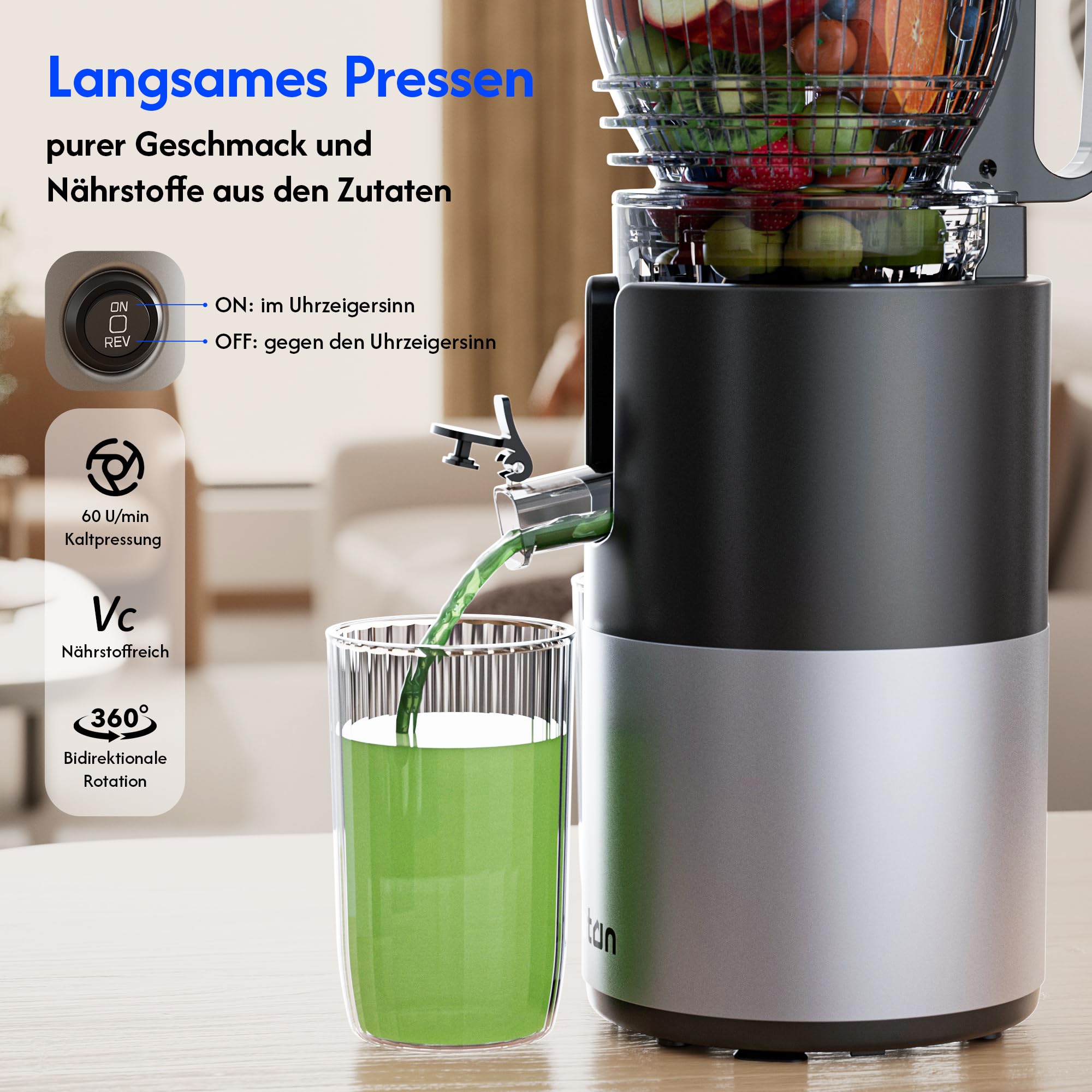 B Megajuicy 150 mm XL slow juicer - spremiagrumi a freddo per frutta e verdura, con retromarcia senza BPA, facile da pulire, incl. spazzola e 2 contenitori (550 ml, 450 ml), 300 W - per succo e