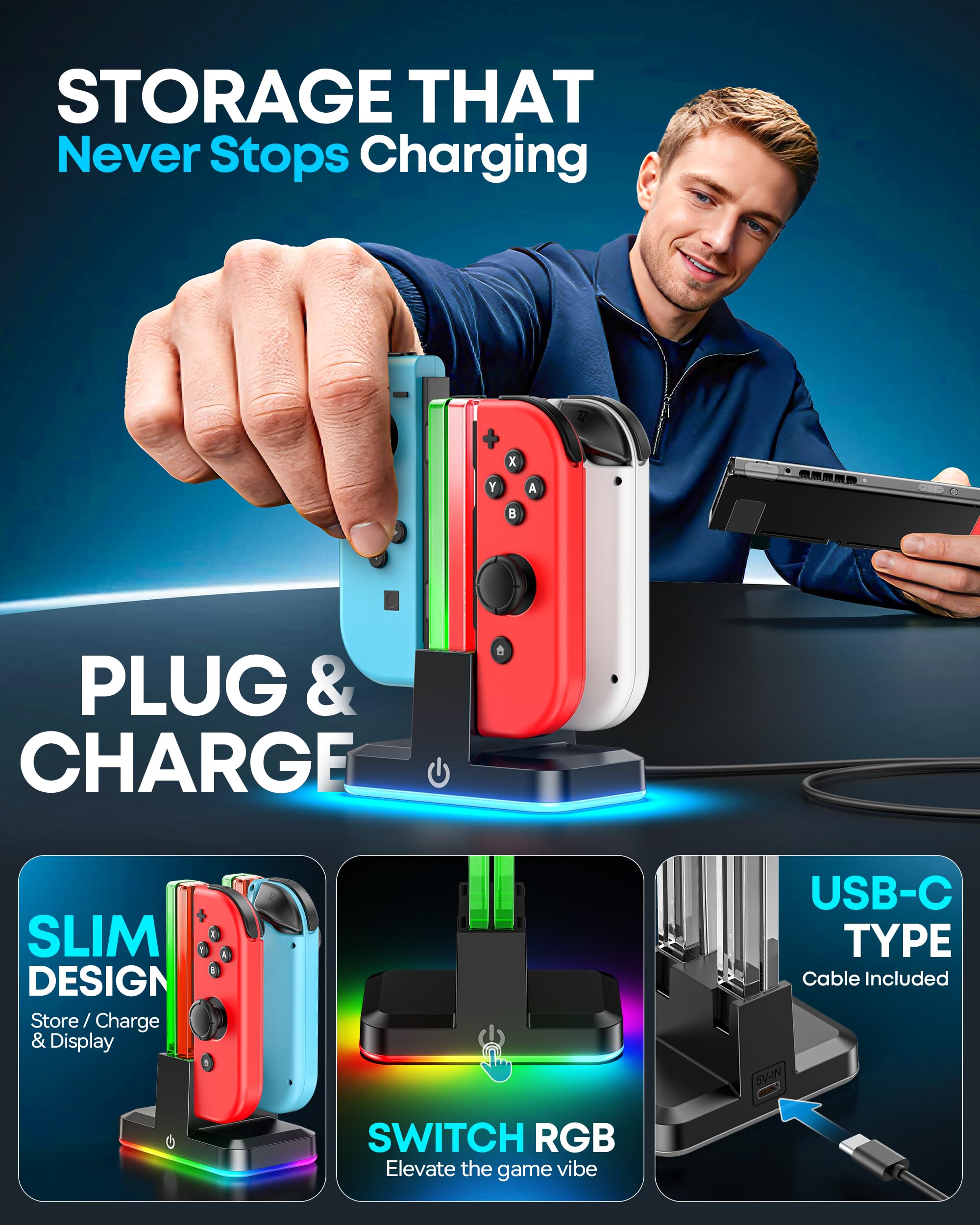 Cargador para Joycon Switch/OLED, 2,5H de Base Carga Mando para Nintendo Switch con Luz RGB y Control Inteligente de Carga, Estacion de Carga joycon para Nintendo Switch Accesorios
