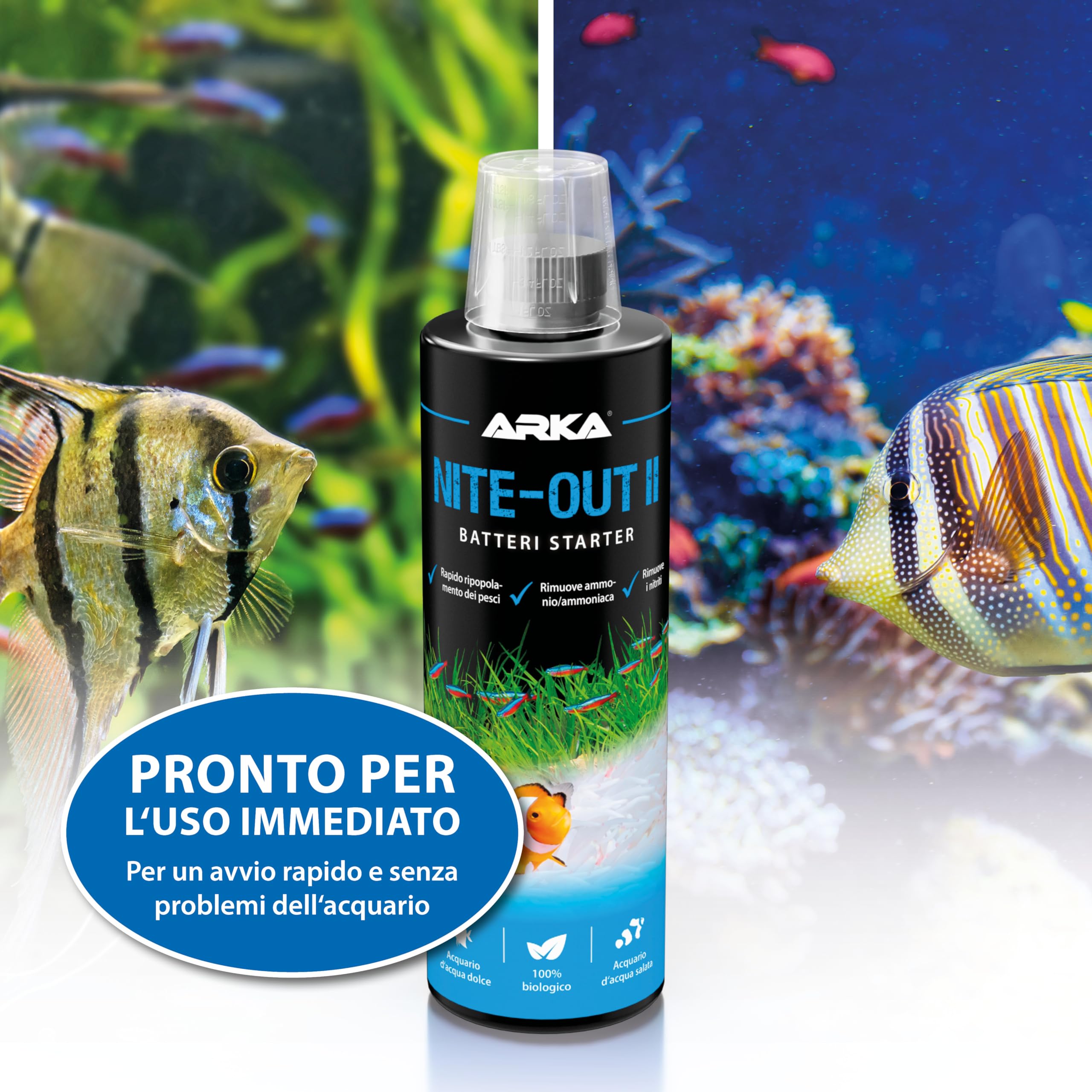 Batteri avviamento acquario – MICROBE-LIFT Nite-Out II 473 ml – per nuovi allestimenti, cambi d’acqua e inserimento pesci – riduce ammonio e nitriti – attivo subito, biologico e sicuro – ARKA