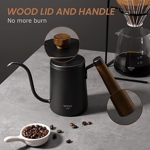 Miniatura 3 de VEVOK CHEF Mini hervidor de cuello de cisne con mango de madera, 20 onzas, 18.6 fl oz para 2 tazas, boquilla larga estrecha de acero inoxidable,