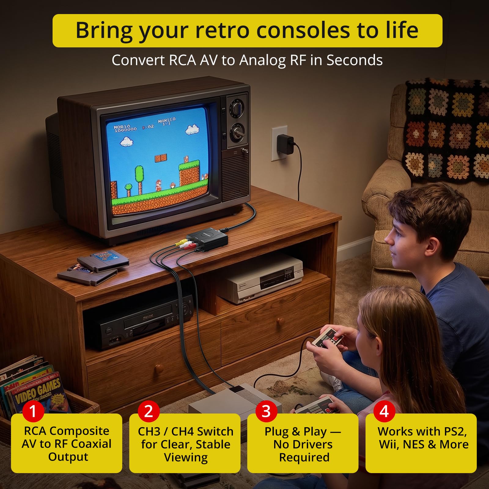 RF Modulator für TV, RCA auf RF Koaxial Adapter mit RG6 Koaxialkabel, AV Composite zu Analog NTSC Konverter für VHS, VCR, DVD Player, Retro Spielkonsolen, K 3/4 Switch