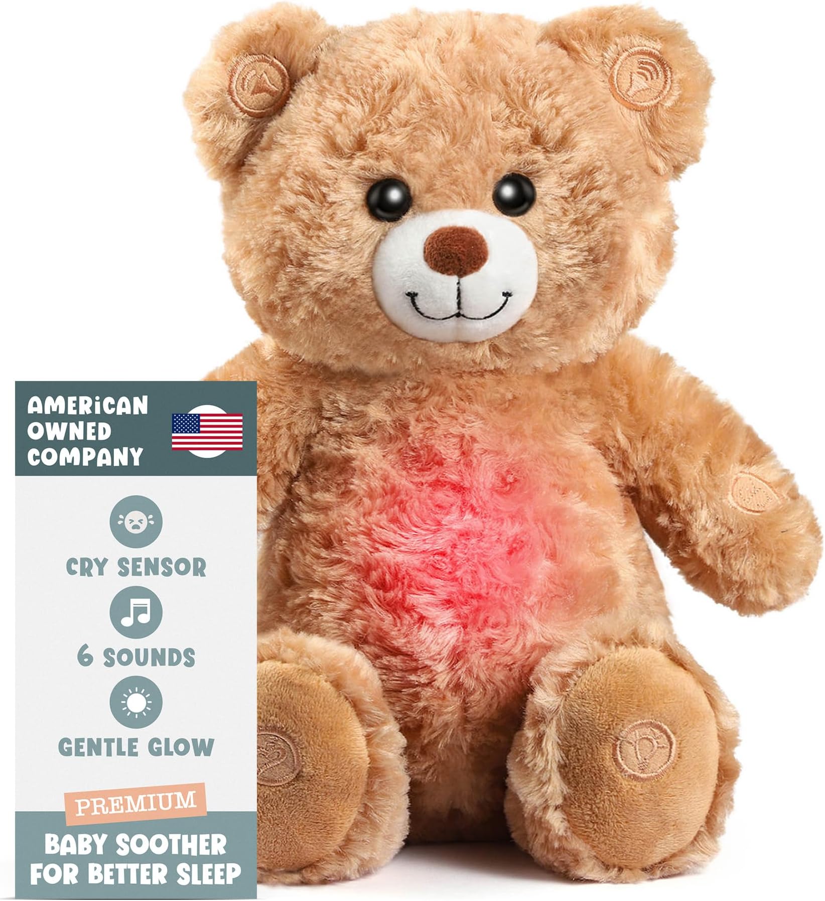 Gemma Joy Baby Sleep Soother Teddy Bear Baby Gifts โ Cry Activated Heartbeat Stuffed Animal โ Rechargeable Crib Soother with White Noise, Shush, Lullabies & Night Light โ Newborn Essentials Must Haves