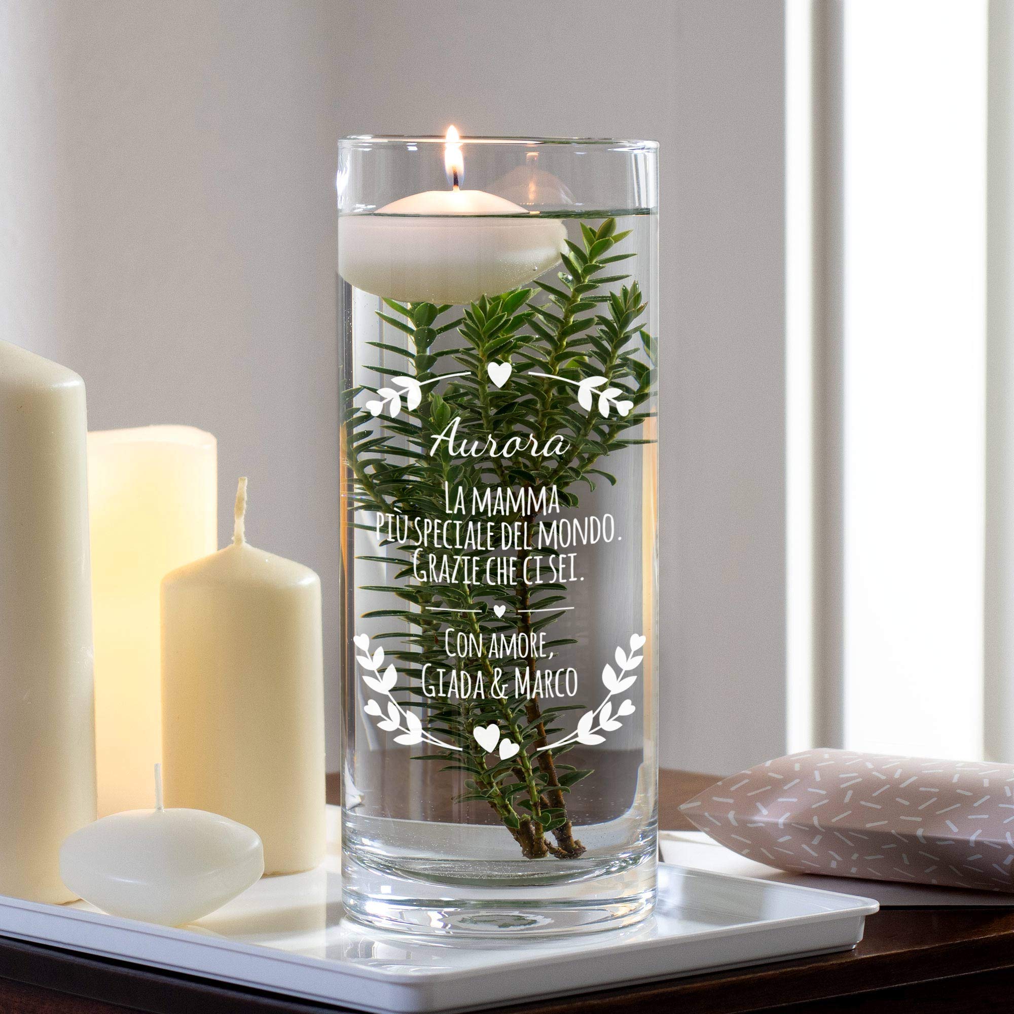 Casa Vivente Vaso da Fiori Rotondo in Vetro per la Mamma più Speciale, Incisione Personalizzata con Nomi, Accessori Decorativi Casa e Giardino, Idee Regalo Festa della Mamma