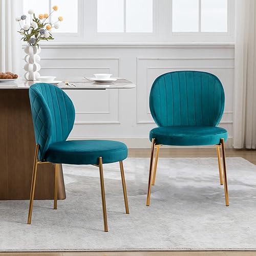 Miniatura 11 de DAGONHIL Juego de 4 sillas de comedor, sillas de terciopelo amarillo, sillas tapizadas modernas de mediados de siglo con patas de metal dorado para