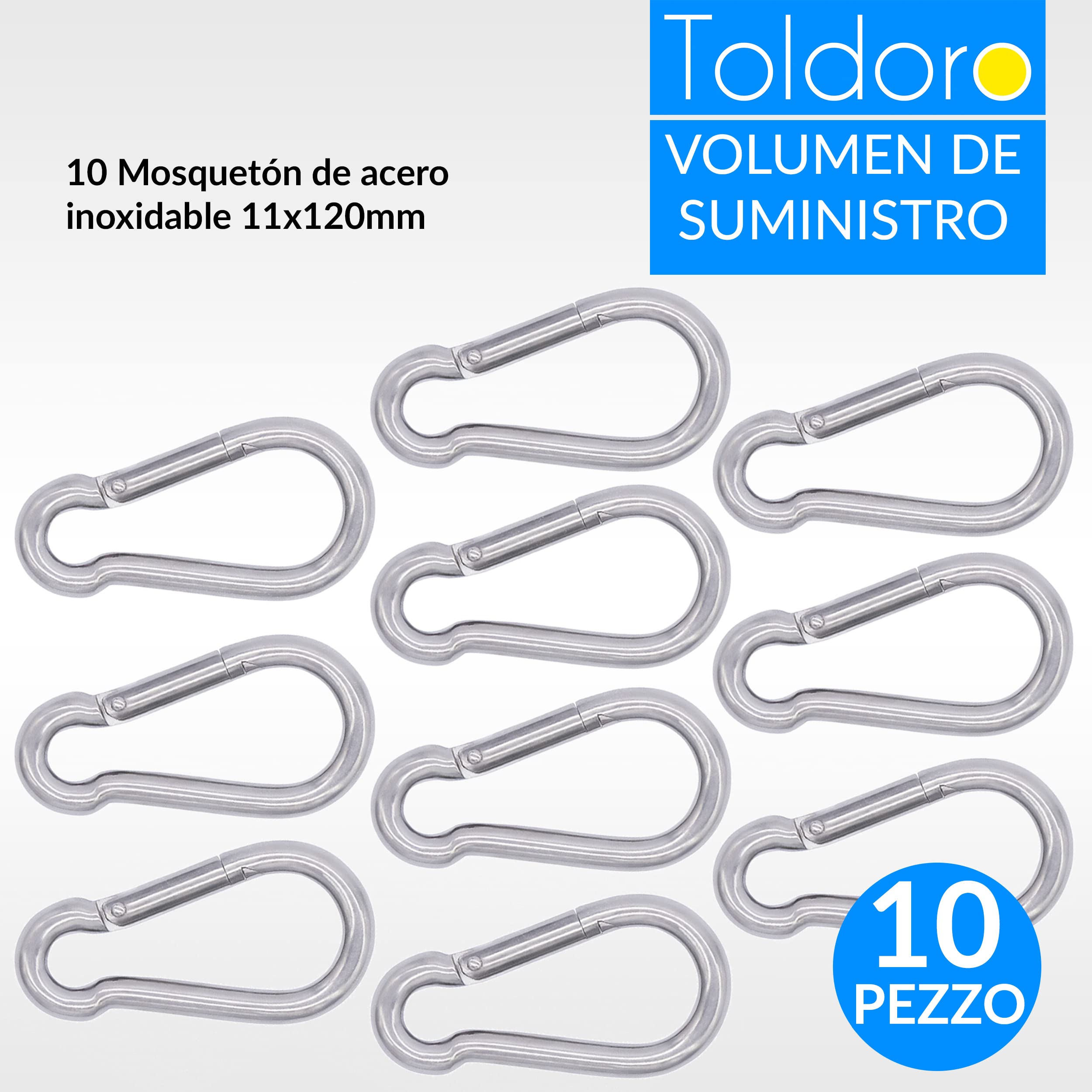 Toldoro 10 Piezas de mosquetones 11x120mm de Acero Inoxidable Niro AISI 316 V4A - Diferentes tamaños y cantidades Disponibles - mosquetón de Bomberos mosquetón sin dedal