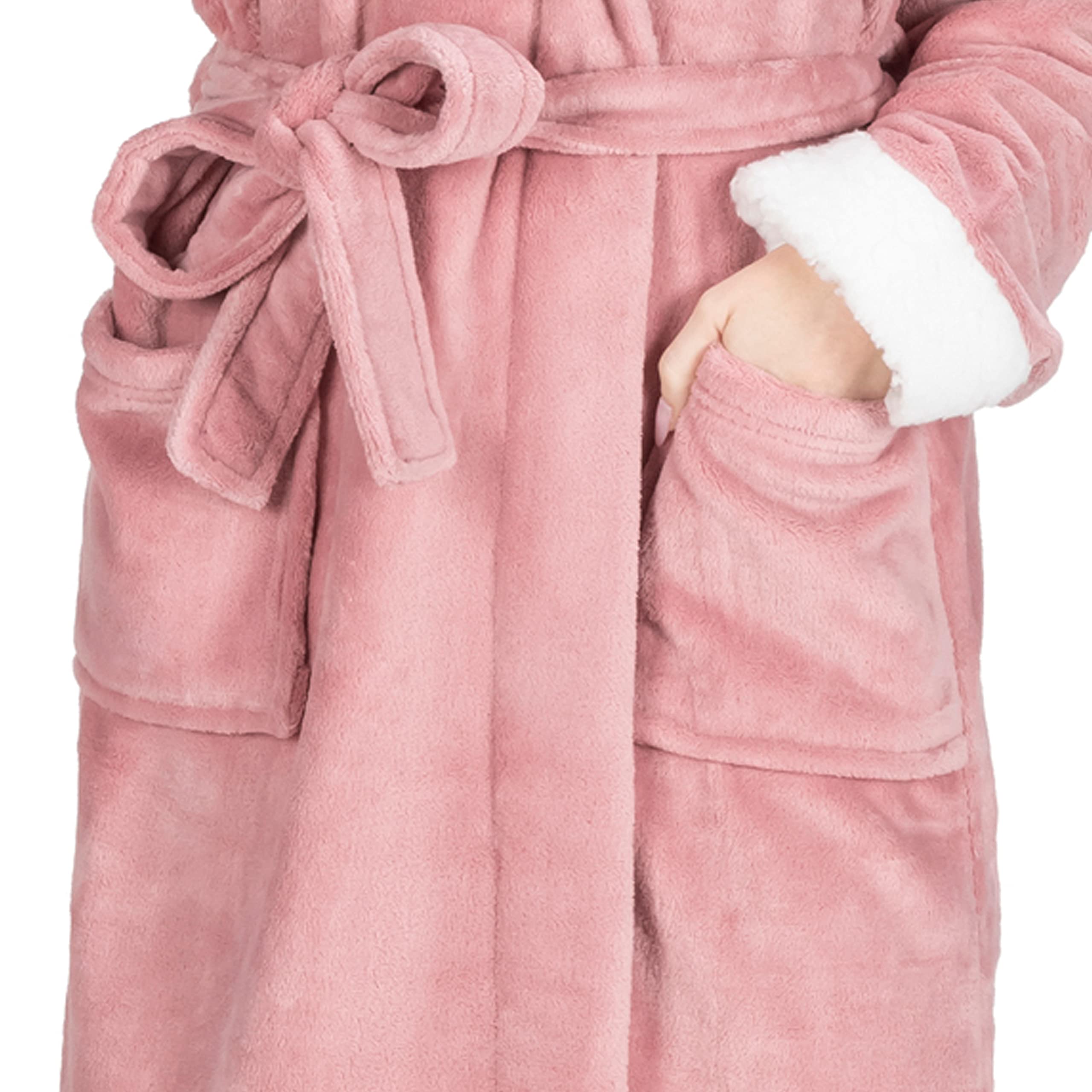 MONHOUSE Womens Dressing Gown - Premium Super Soft & Cosy Long Bathrobe - Ladies Thick Flannel Luxury Housecoat - Warm Fluffy Shearling Spa Robe for Her - Sherpa Bathrobe - Pink Sherpa UK 16-18
