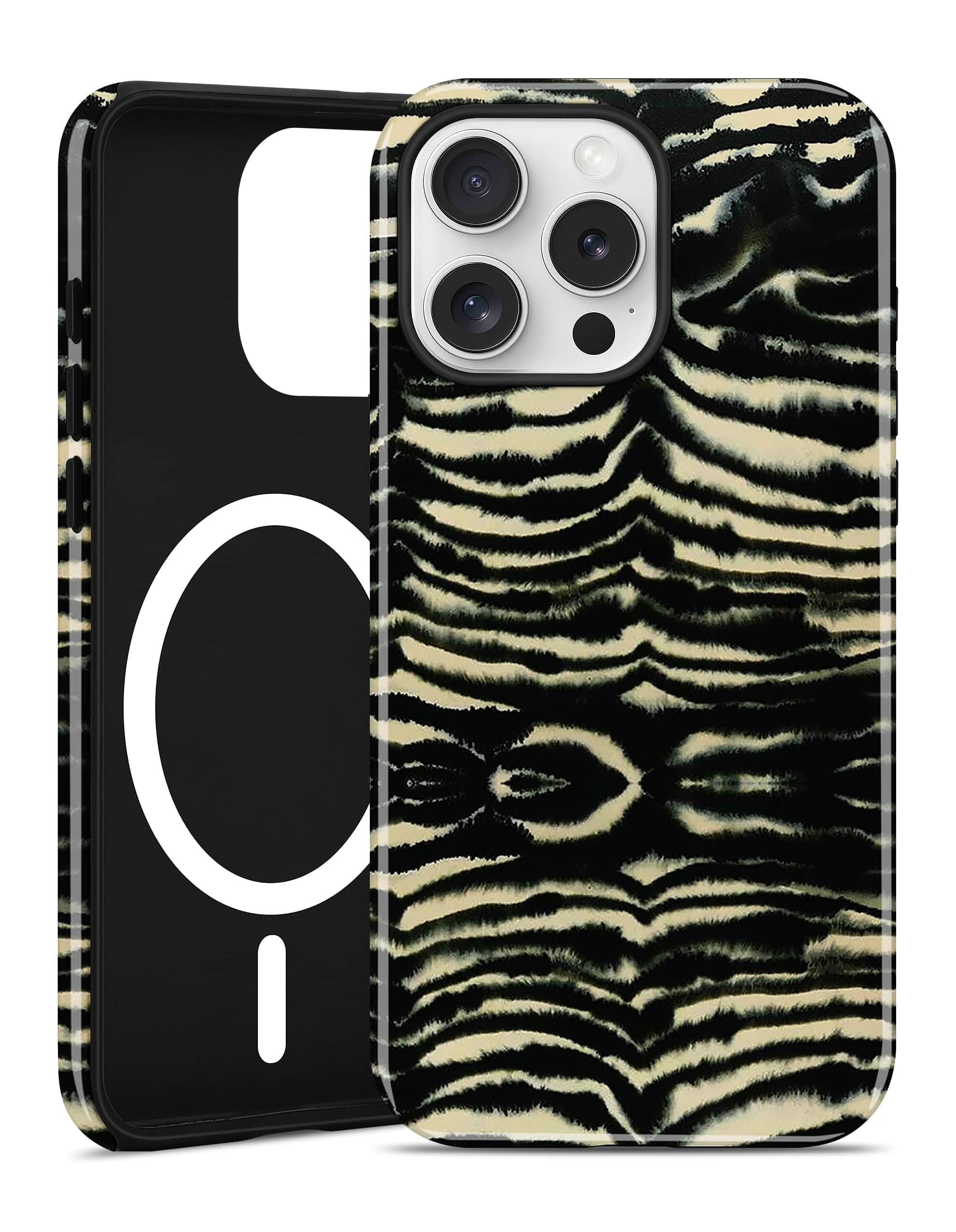 Magnetic Zebra Print Phone Case for iPhone 15 Pro Max, Black Yellow Compatible with MagSafe, Cute Animal Print Aesthetic Design, TPU and PC Protective Shockproof Cover for Women Girls