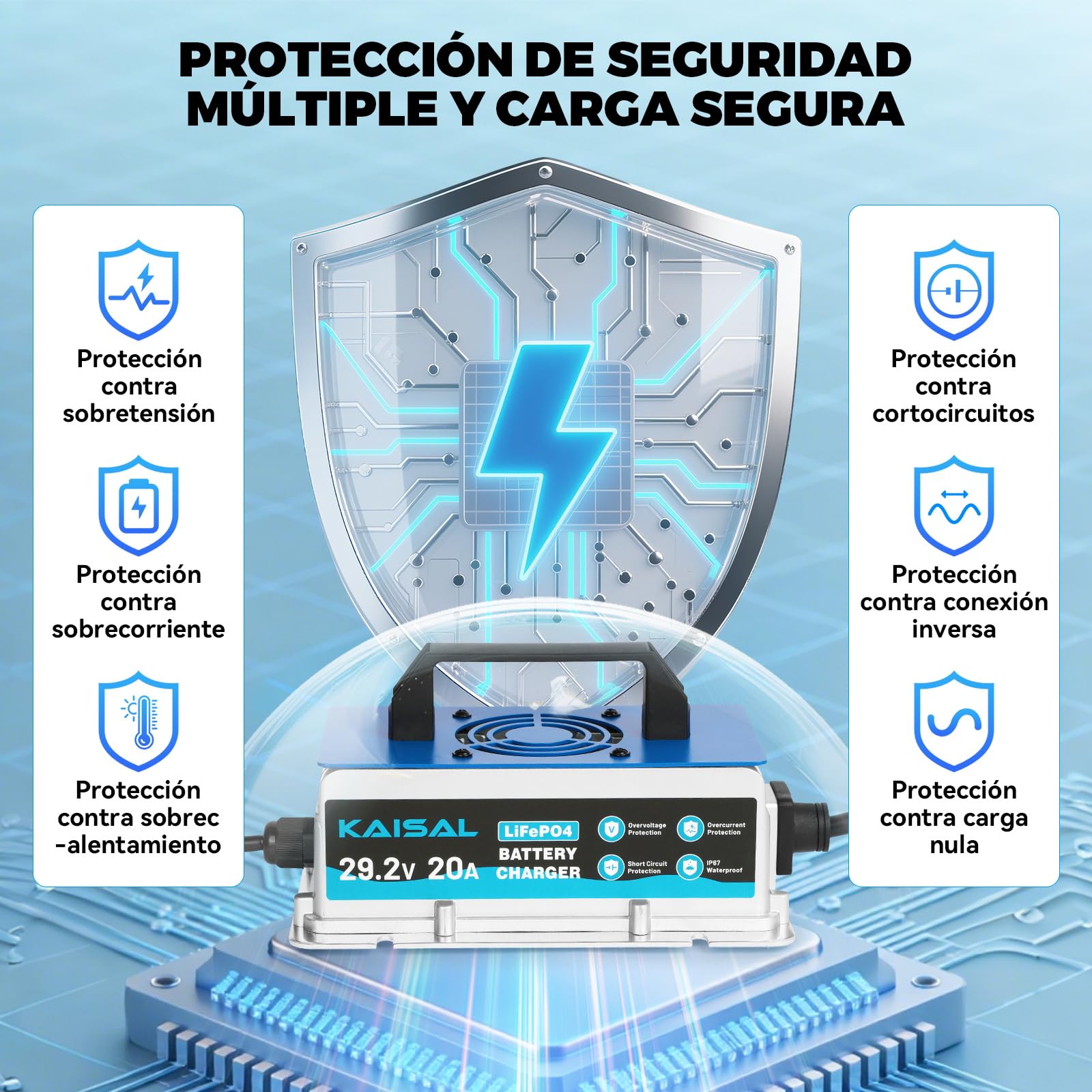 KAISAL 29.2V 20A Cargador de Bateria Litio, Cargador de Baterías LiFePO4 para 24V(25.6V) Batería Litio, Impermeable IP67, 24V Cargador Inteligente para Carrito de Golf, Autocaravanas, Barcos, Solar
