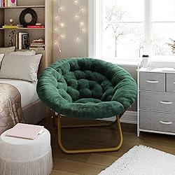 EMMA + OLIVER Ersa Oversize Folding Saucer Chair - Emerald Faux Fur Moon Chair - Soft Gold Metal Frame - 38" Portable Folding Chair - for Dorm and Bedroom