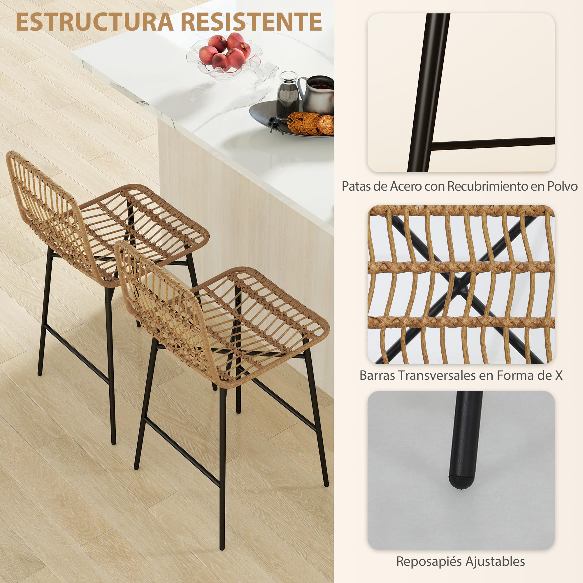 HOMCOM 2 Taburetes Altos de Cocina con Respaldo Modernas 120 kg Marrón
