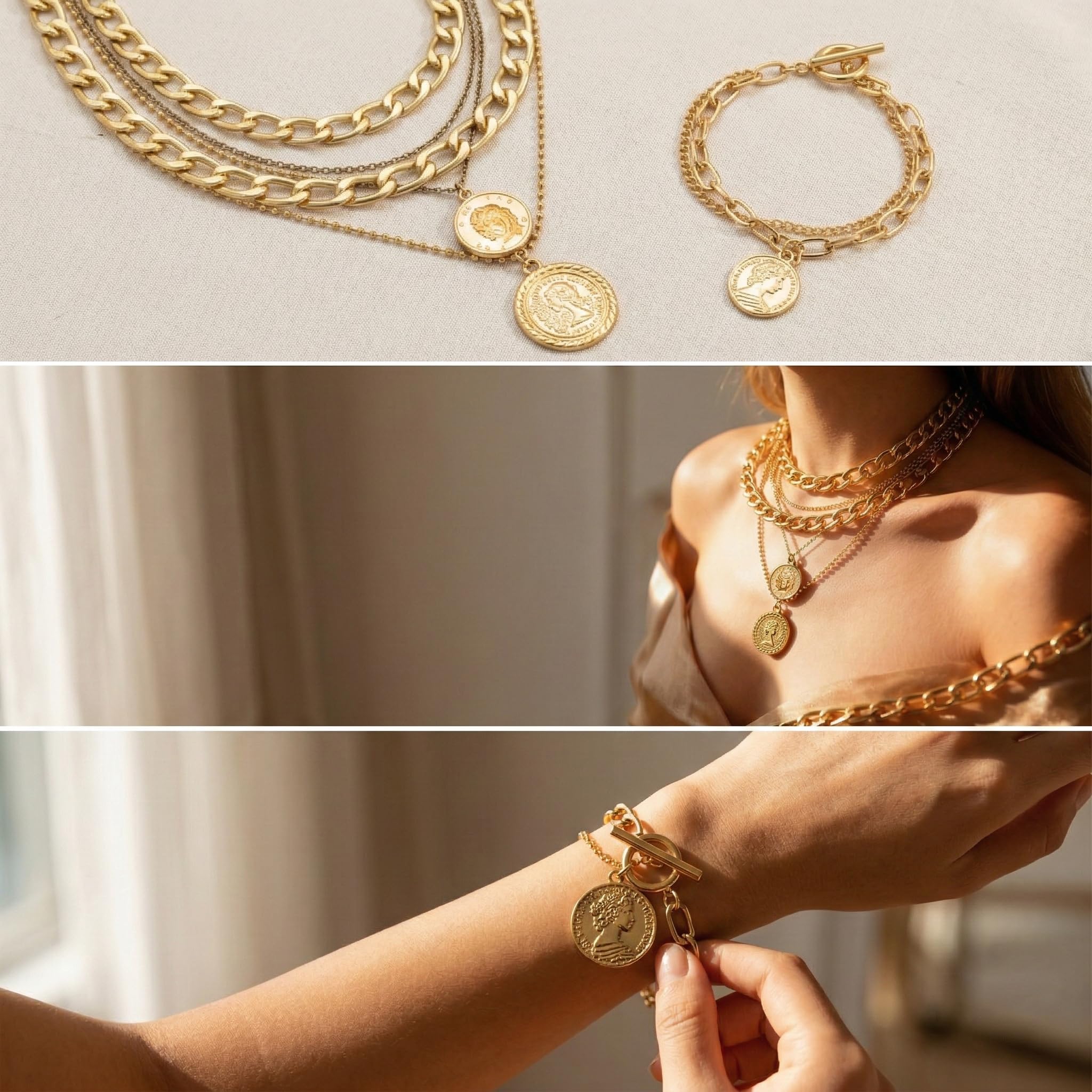 Set 2 Pezzi Collana e Bracciale Donna Oro – Collana Punk con Maglia Cubana e Pendente Moneta, Choker Spesso per Carnevale, Halloween e Feste a Tema