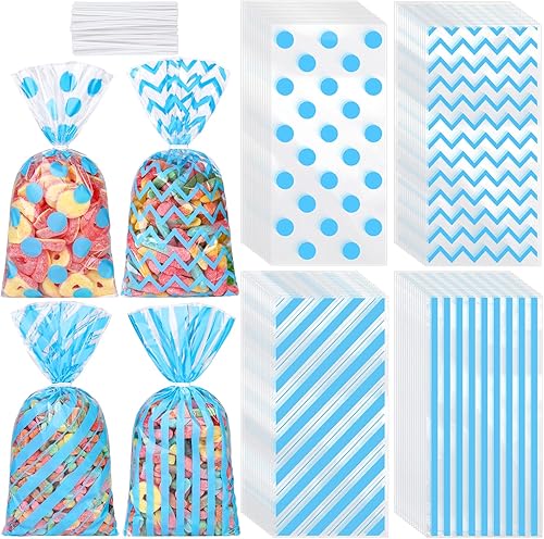 Aodaer 100 Pieces 10.6 x 5.1 In Blue Cellophane Bags Plastic Candy Bags Cellophane Treat Bag Polka Dot Stripes Printed Pattern Goodie Gift Bag with
