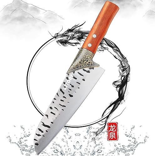Kitory Santoku - Cuchillo de cocina de 8 pulgadas, cuchillo asiático ultra afilado, hecho a mano, hoja de acero 9CR18MOV, mango de madera de perlado