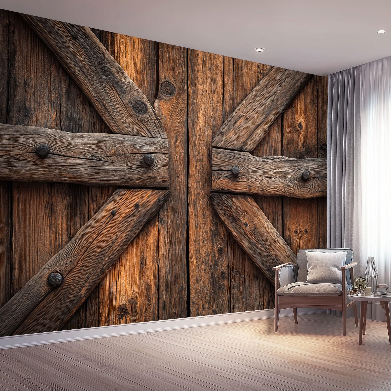 Tapeta 3D z włókniny drewniane drzwi 400 x 280 cm styl retro tapeta dekoracja ścienna do salonu sypialni ciemnobrązowa