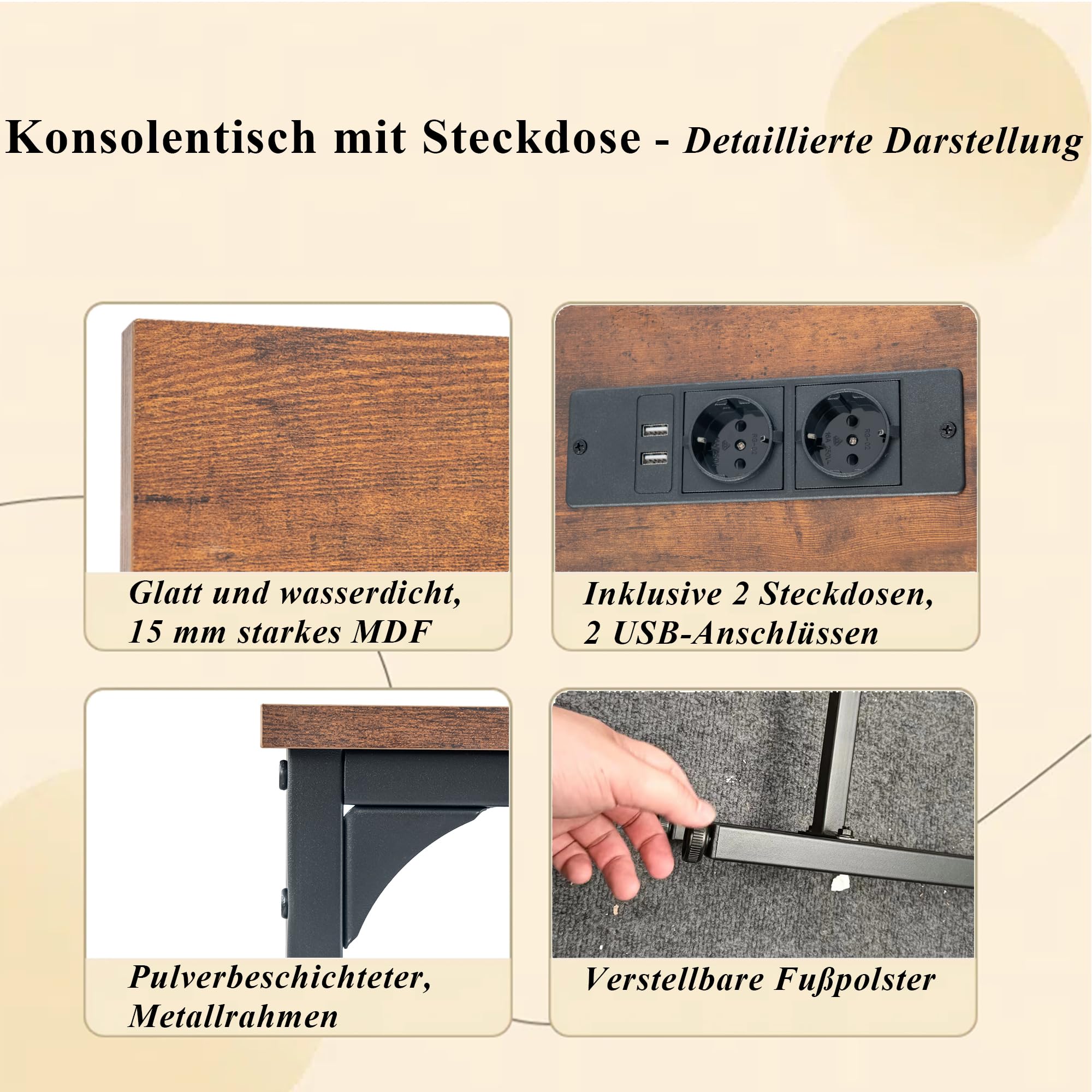 180 cm Breit Konsolentisch Schmal mit Steckdose(Braun&Schwarz/1 Stück) | Flur Regal Schmaler Beistelltisch Sofa Couch Tisch für Eingang Flur Foyer Veranda Balkon Wohnzimmer Möbel 180x20x80cm
