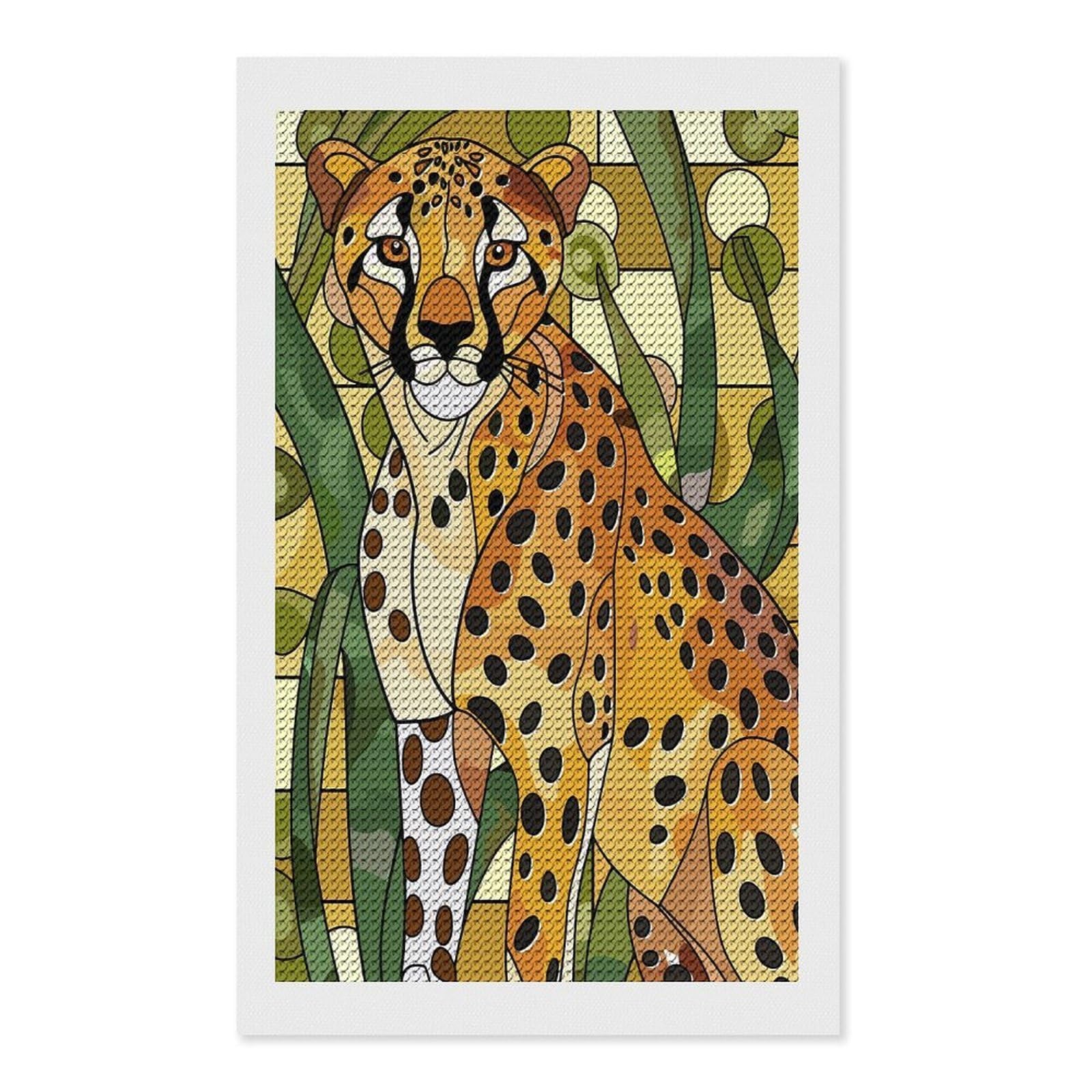 Junmoney Stained Glass Cheetah Portrait Diamond Painting Kit 12"x20", Adhesive Canvas, Home Wall Decor, for Beginners, Birthday Gift, Full Kit Included