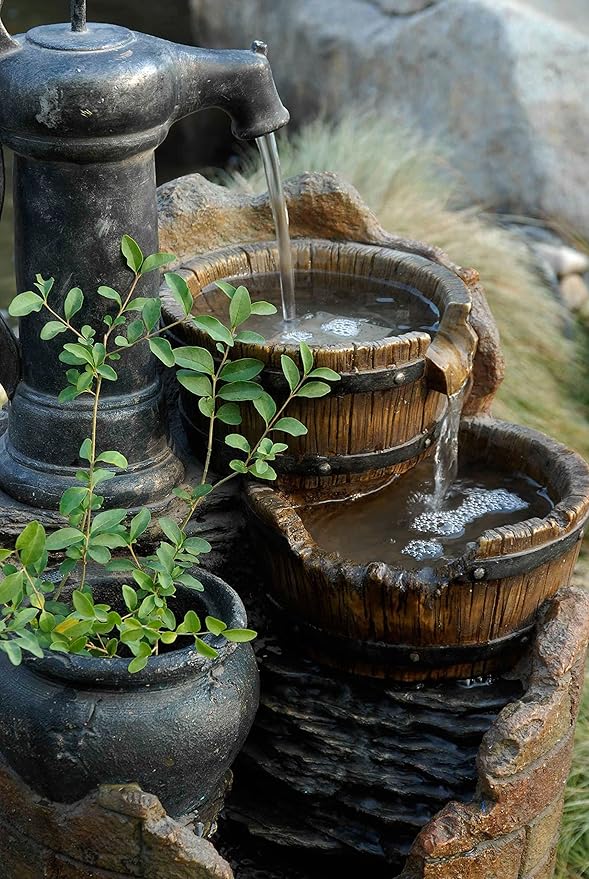 Made of durable and weather-resistant materials, this fountain is built to last and can withstand the elements. The integrated water pump circulates the water, creating a continuous flow that adds a serene ambiance to your garden, patio, or yard. Easy to set up and maintain, this fountain is a great choice for those looking to enhance their outdoor space with the calming sight and sound of flowing water. Description by ChatGPT.