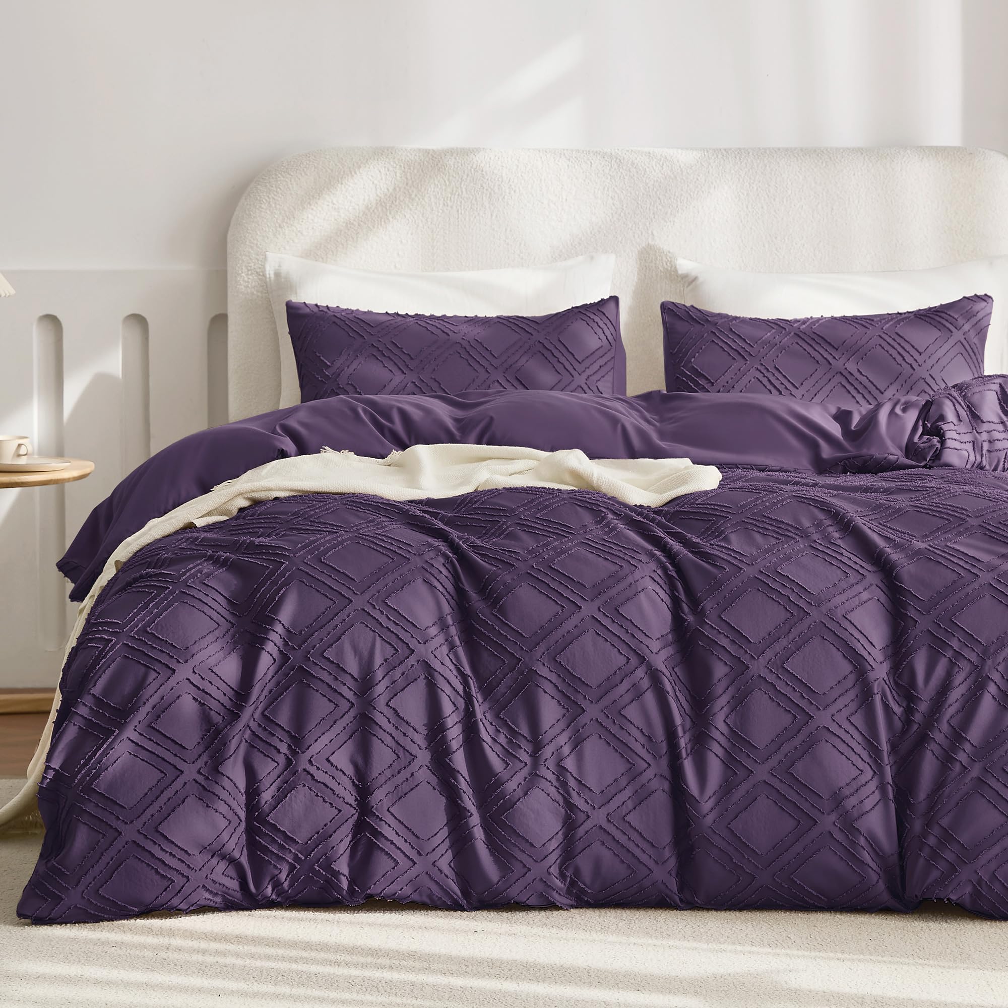 JELLYMONI Duvet Cover Queen Size Purple - 3PCS Boho Duvet Cover Set Plaid Polyester Tufted Bohemian Jacquard Knit Textured Comforter Cover 90×90in