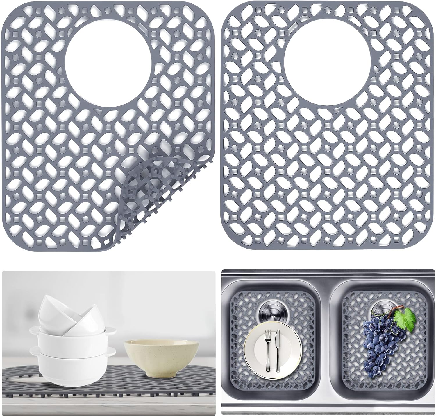 JUSTOGO Silicone Sink Protector, Rear Drain Kitchen Sink Mats Grid