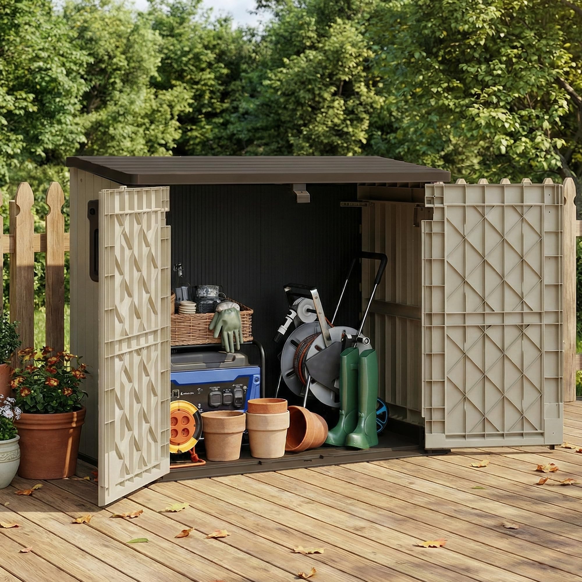 LHBcraft Waterproof Outdoor Storage Box 36 Cu Ft with Lockable Doors, Portable Horizontal Resin Storage Shed, Easy to Assemble, Outdoor Storage Cabinet for Backyards, Brown-Beige