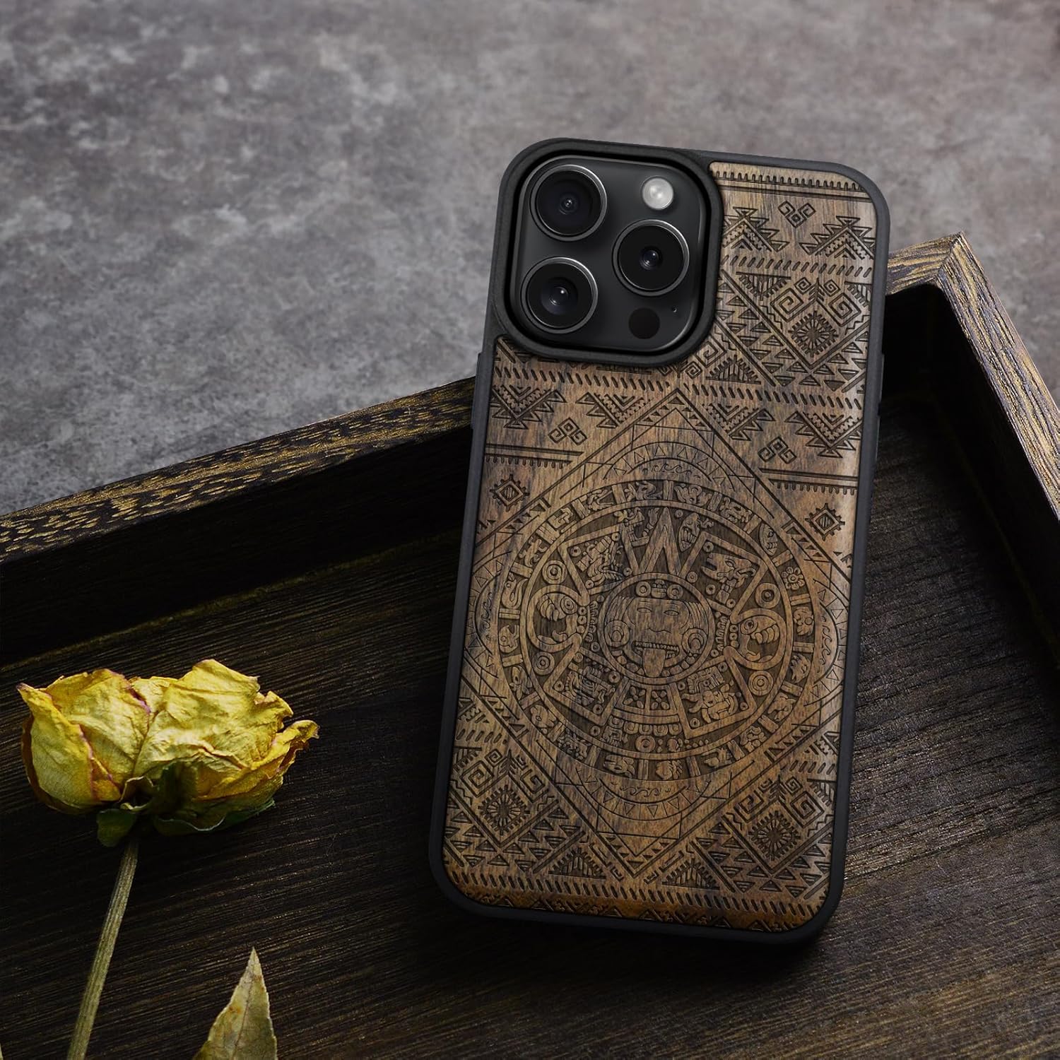 Carveit Magnetic Wooden Case for iPhone 16 Pro Max Case, Wood Artisan Engraved & Black Soft TPU Shockproof Cover, Compatible with MagSafe Wireless Chargers (Aztec Calendar) Walnut