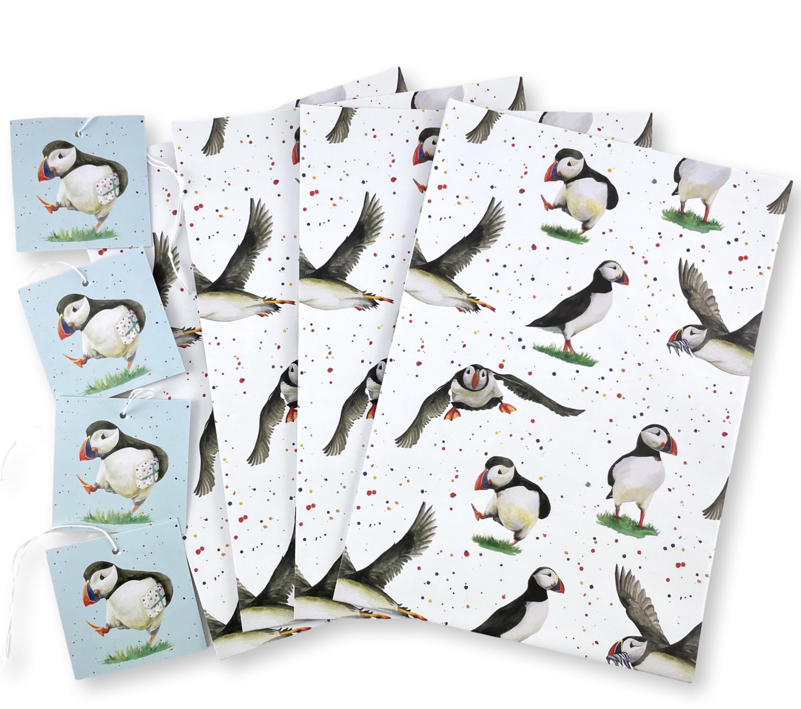 Puffin Puffins Birds Recycled and Recyclable Eco Printed Gift Wrapping Paper - 4 Sheets and 4 Tags - Birthday - Christmas - Mother's Day - Father's Day