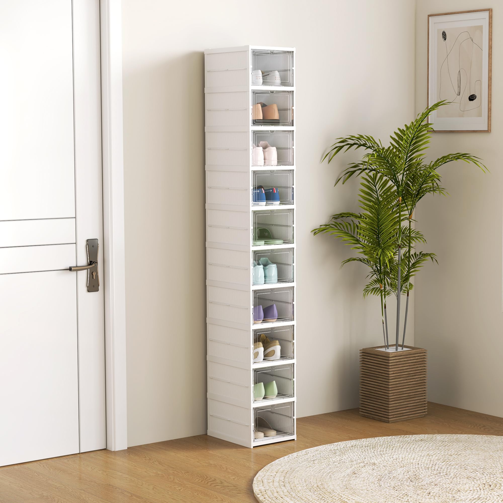 HOMCOM 10 Pack Organizador Zapatos Pleg. Plást. Talla 10 US Blanco | Sin montaje, caja apilable para zapatos, puerta transparente, ahorra espacio