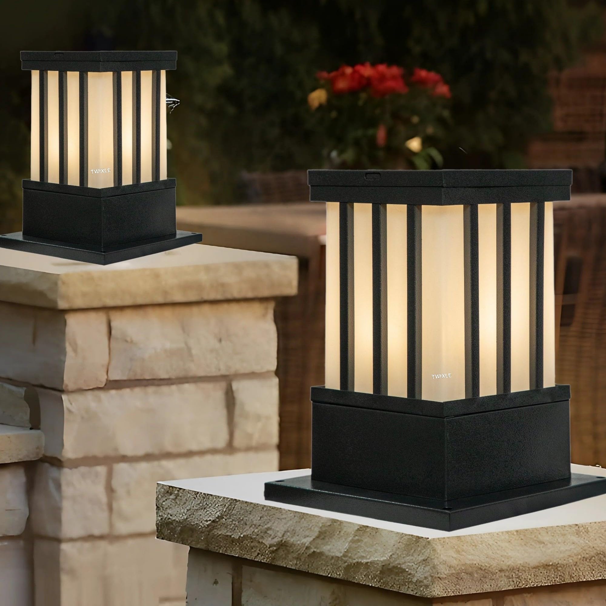 RBSK with Bulb Metal and Glass Gate Light Waterproof Pillar Lamp Outdoor Decor Garden Lighting Pole Mount Exterior Fixture for Home Entrance Patio Compound Boundary (Jail) (Pack of 2)
