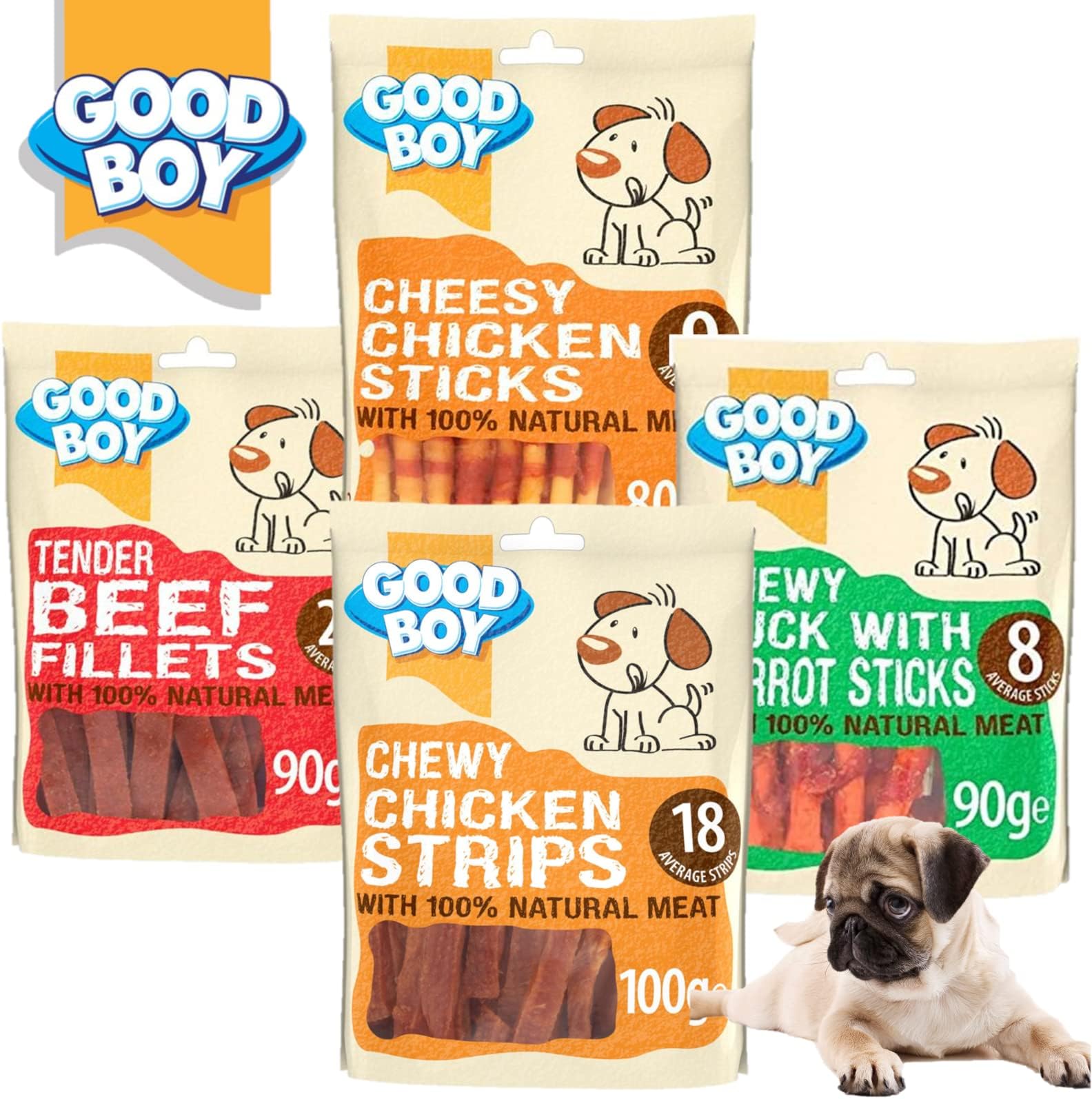 Pulla Dog Treat Good Boy 4 Pack Variety, Chewy Chicken Strips, Beef Fillet, Cheesy Sticks, Chicken & Sweet Potato.