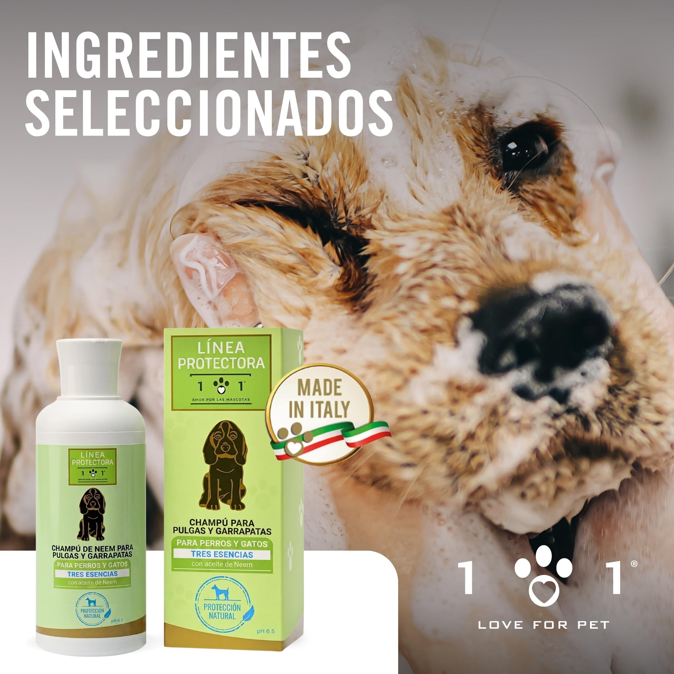 Champú Antiparasitario Perros y Gatos 250ml, Champú Aceite de Neem, Repelente Garrapatas Perros, Antigarrapatas, con Extractos de Clavo y Geranio, Champú Perro Linea 101 Made in Italy