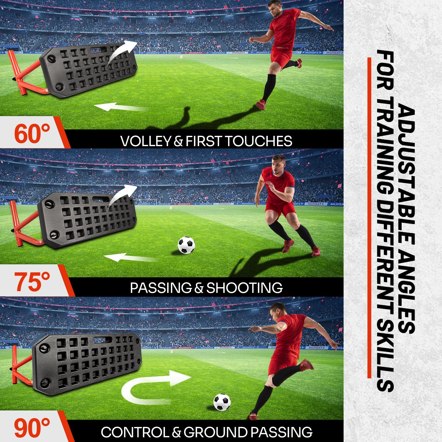JASCOPRO Fußball Rebound Board, tragbarer Dual-Oberflächen Trainer mit verstellbarem Winkel (60°-120°), 6 Rückprallmodi für Ballkontrolle & Passtraining, Sport Fußballtore inkl. 2 Sandsäcken