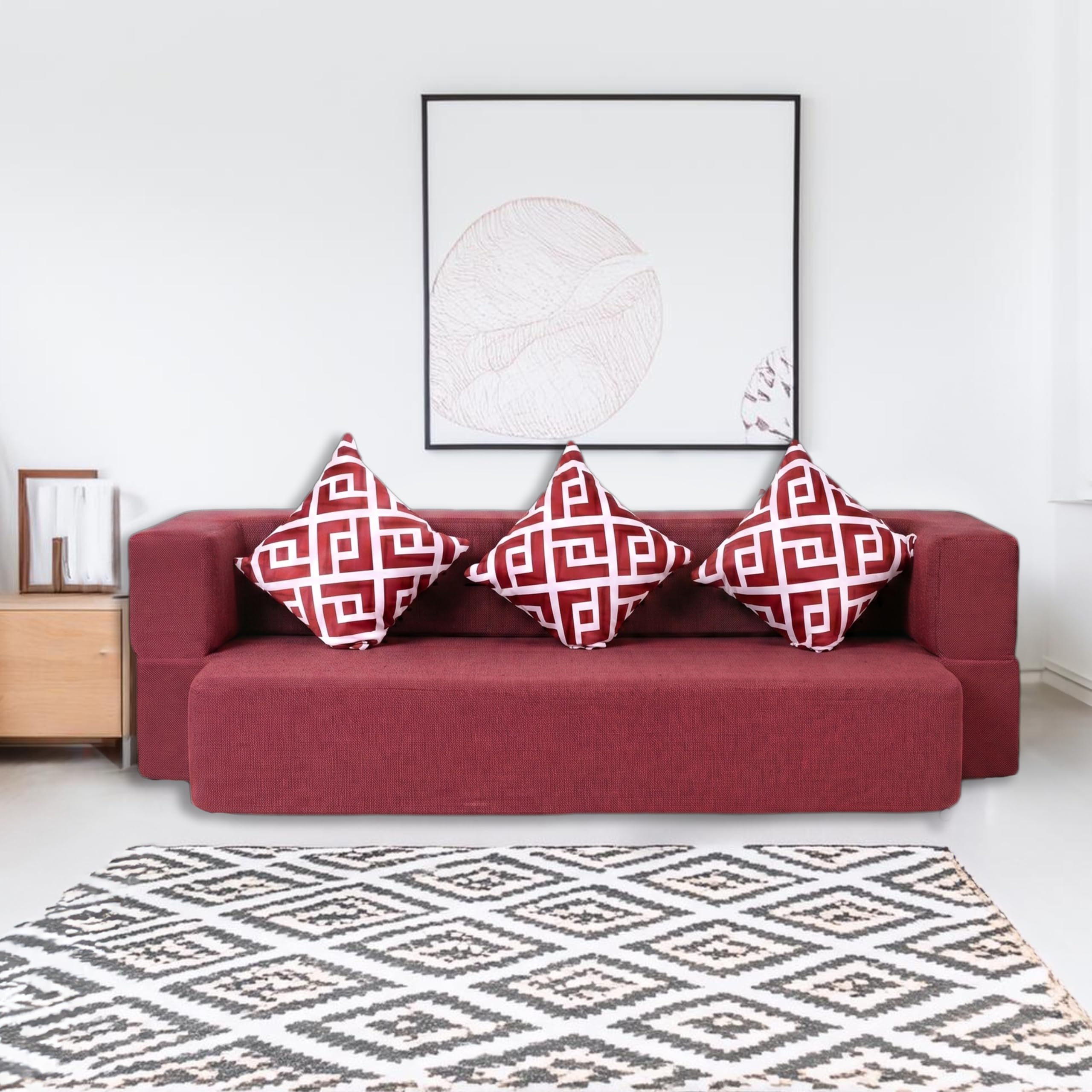 Seventh Heaven 3 Seater 72x44x10, Low Floor Sofa Cum Bed Jute Fabric Fabric with 3 Cushions 3 Seater Double Foam Fold Out Sofa Cum Bed (Finish Color - Maroon Delivery Condition - Pre-Assembled)-image-29