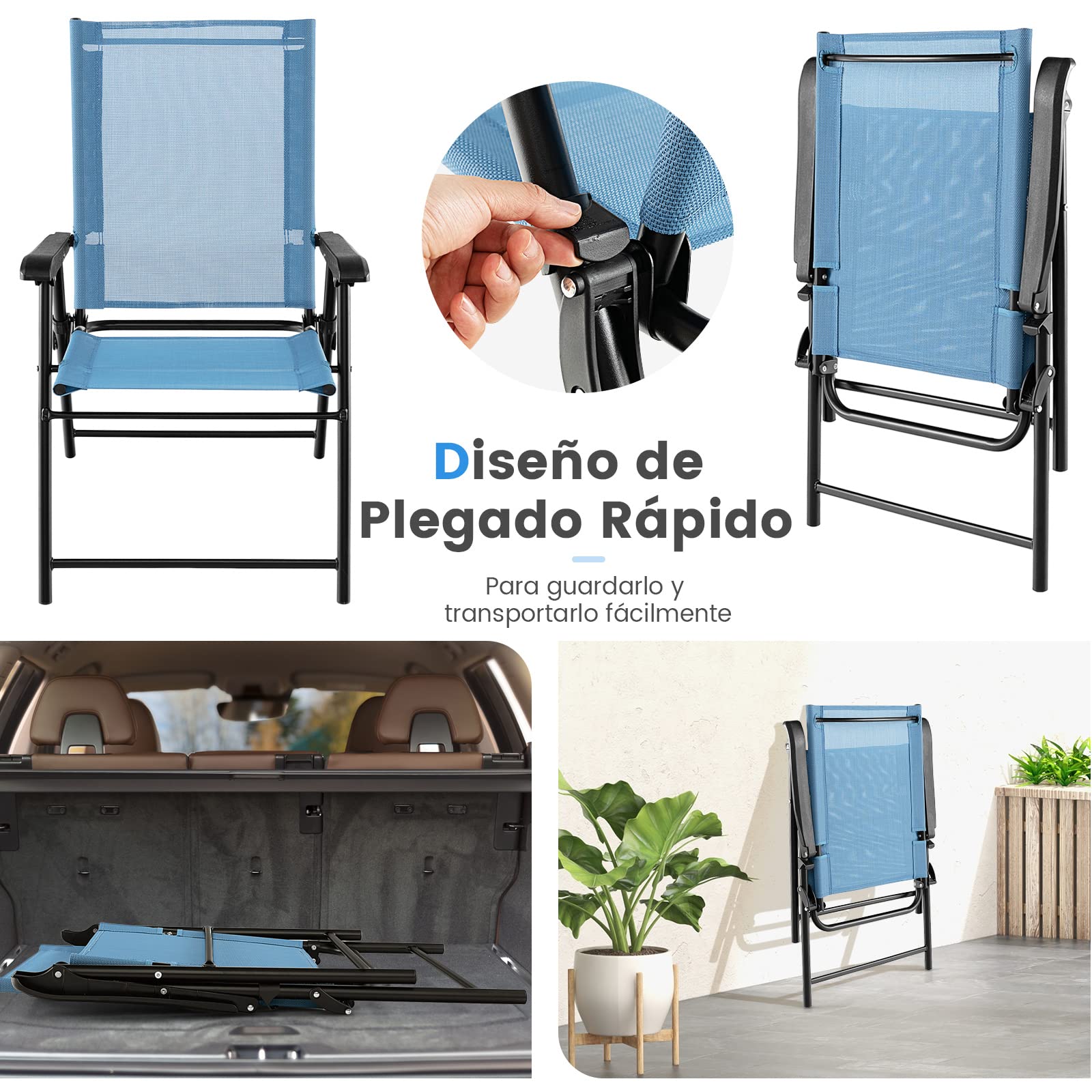COSTWAY Set de 2 Sillas de Jardin Plegable, Silla Plegable Camping con Respaldo de Tela y Resabrazos, 2 Sillas Terraza Exterior, 65 x 60 x 93 cm, Terraza, Patio Trasero, Piscina Camping (Azul)