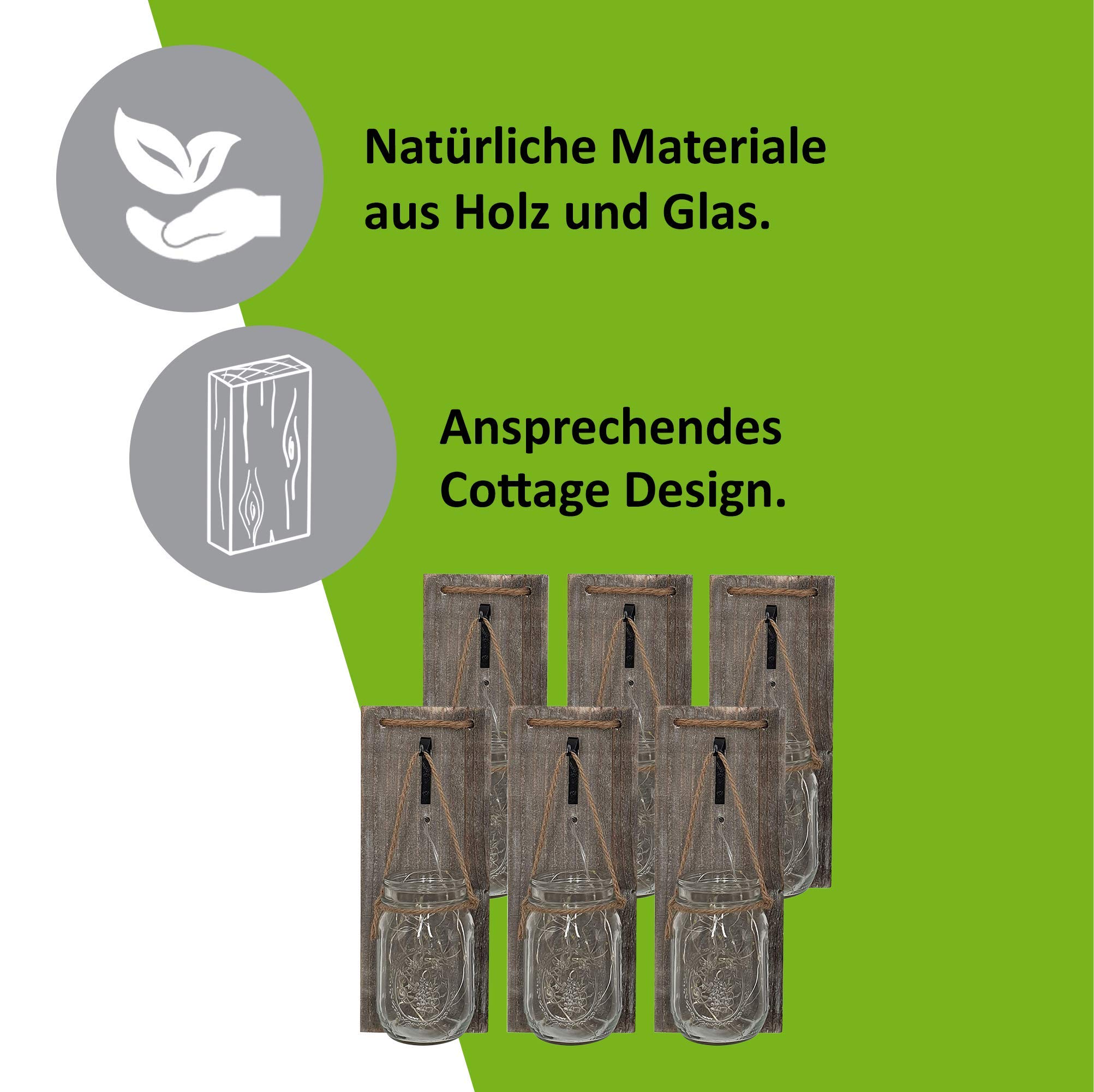 ISOTRONIC LED Dekoglas Wandleuchte 6er Set – Mason Jar Wanddeko mit Lichterkette & Holzbrett – Rustikale Wanddekoration im Landhausstil – Batteriebetriebene Hängeleuchte – DIY Einmachglas zum Befüllen