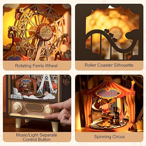 Miniatura 7 de ROBOTIME Rompecabezas 3D para adultos, kit de construcción de modelos de bricolaje, torre Eiffel y caja de música de madera, atardecer carnaval