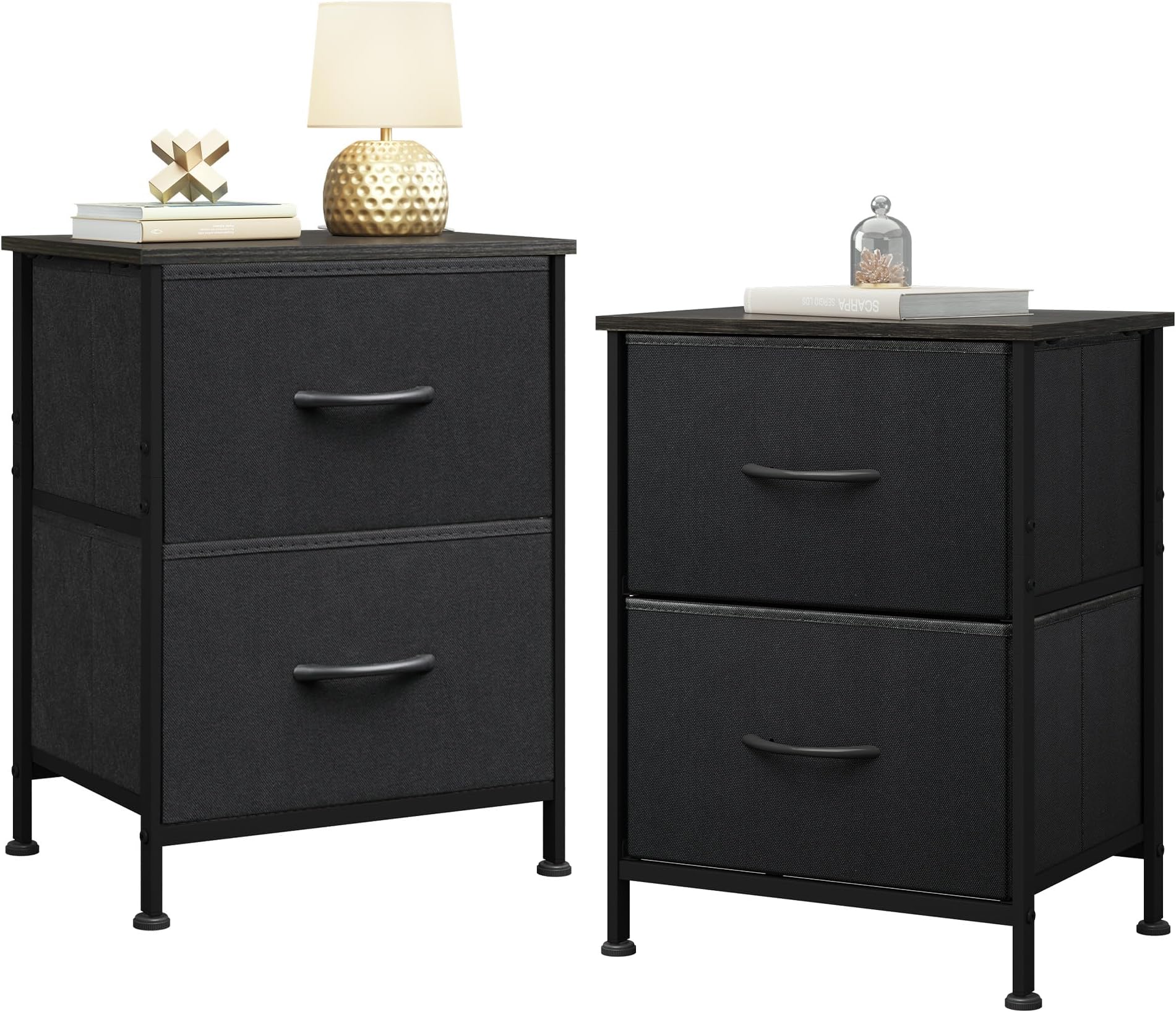 WLIVE Black Nightstand Set of 2, Night Stand with 2 Fabric Drawers, Small Dresser for Bedroom, Bedside Tables for Small Spaces, Dorm, Wood Top