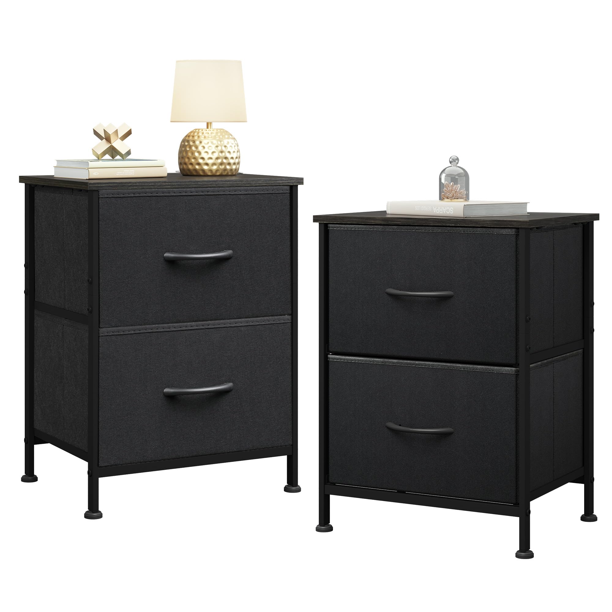 WLIVE Black Nightstand Set of 2, Night Stand with 2 Fabric Drawers, Small Dresser for Bedroom, Bedside Tables for Small Spaces, Dorm, Wood Top