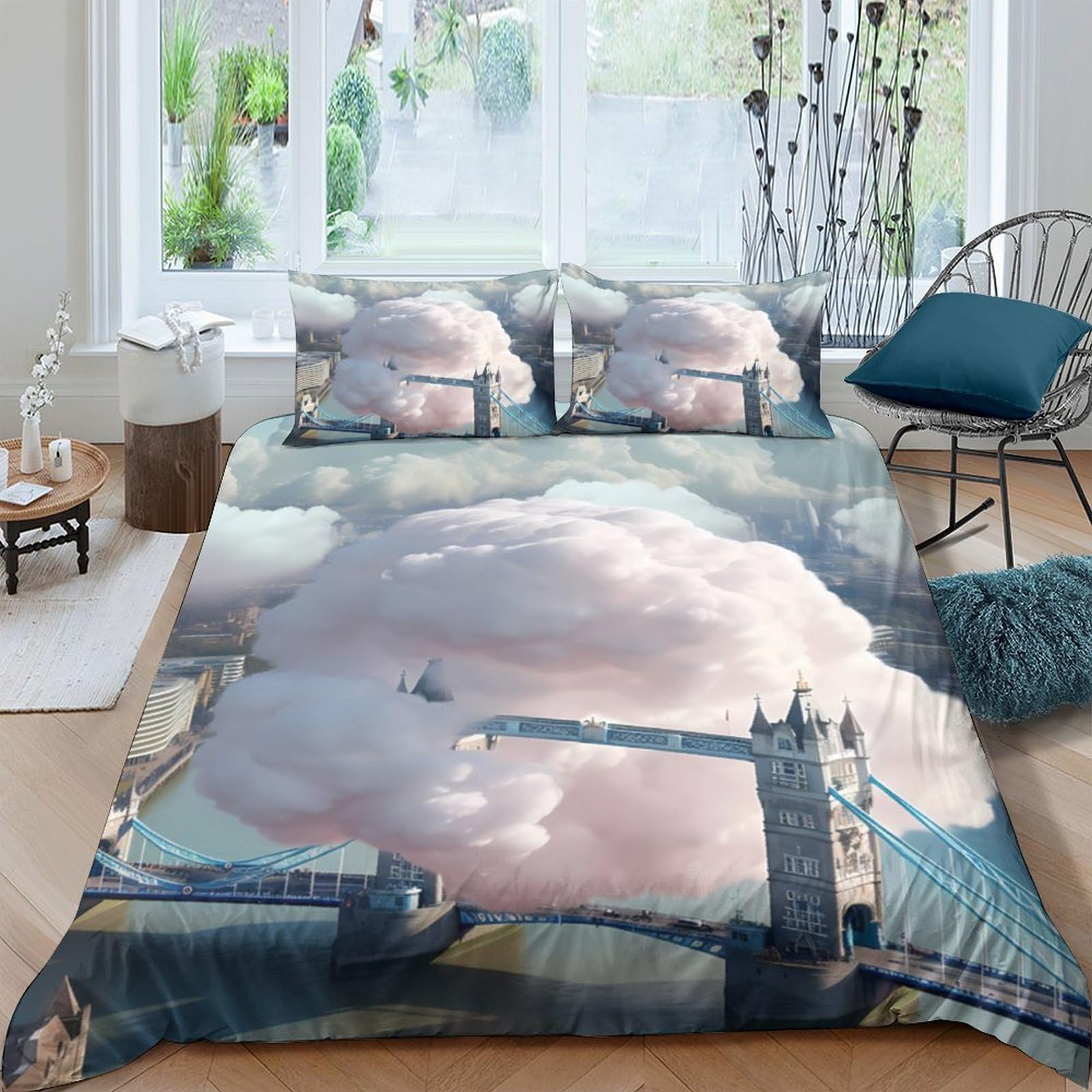 Ctjqhvkz Style-6 3D Printed London Tower Bridge Fitted Sheet Microfiber Soft Bedroom Cloud Sky Mattress Cover Decor Single（135X200cm）