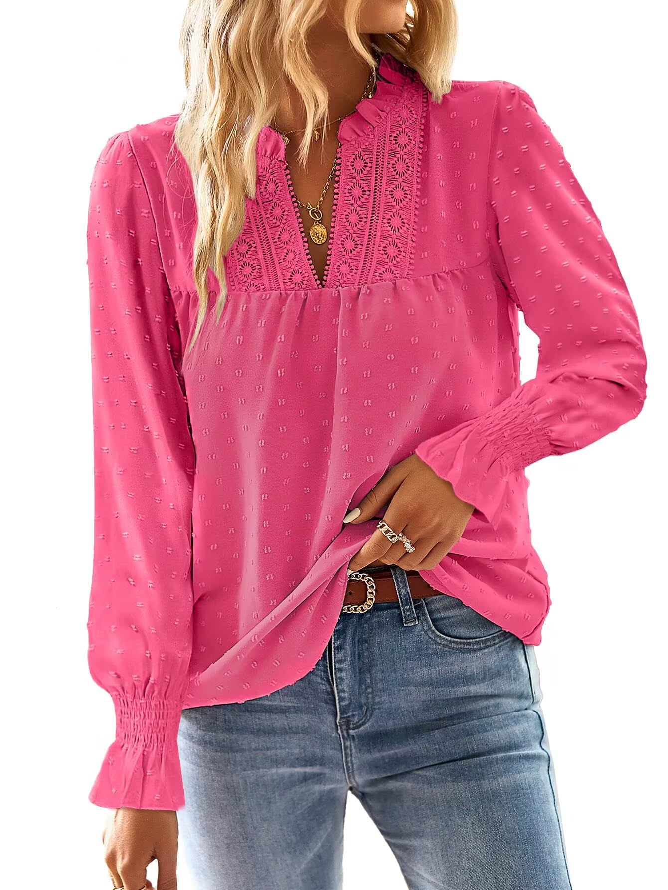 TUUHAW Langarmshirt Damen Herbst Boho Top Oberteile Fließend Elegant V-Ausschnitt T Shirt Süß Lässig Outfits Frühling Winter Longshirt Spitze Kleidung Paspel Volant