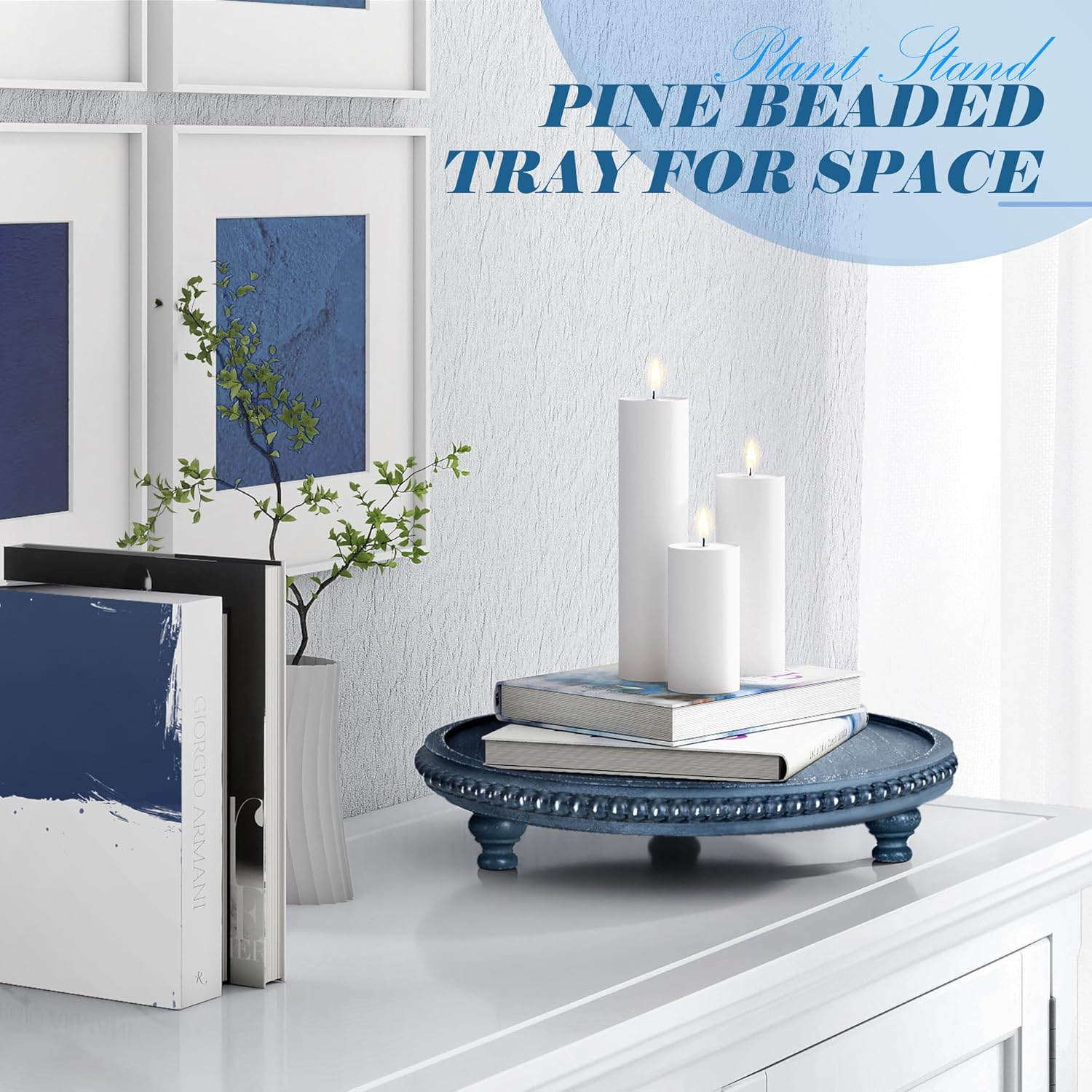 EOSAHR Round Pine Wooden Display Riser - Beaded Wood Riser for Plant Holder & Kitchen Sponge Holder, Perfume Stand Organizer - Rustic Farmhouse Style Kitchen Counter Decor, Boho Home Aesthetic (Blue)