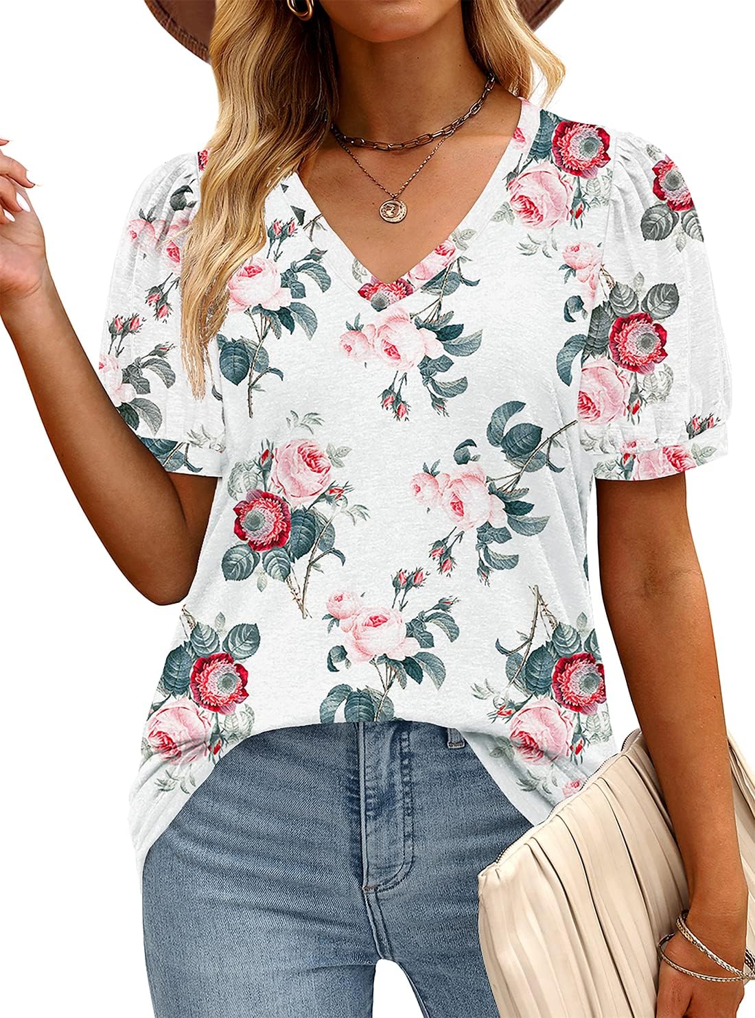 WIHOLL Womens Tops V Neck Summer Puff Sleeve Tshirts Fashion Casual