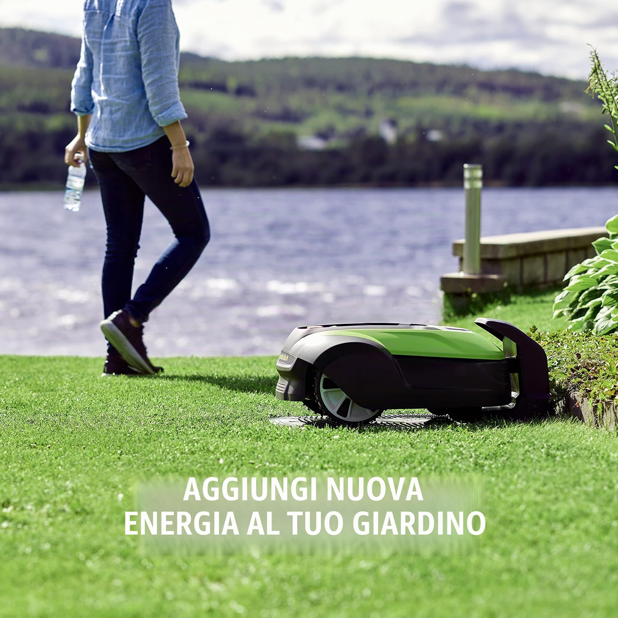 Greenworks Optimow 10 robot rasaerba per prati fino a 1000m2 e Pendenza 35%, silenzioso, Controllato 4G, funzioni di sicurezza avanzate, protetto da durto, 3 anni di garanzia