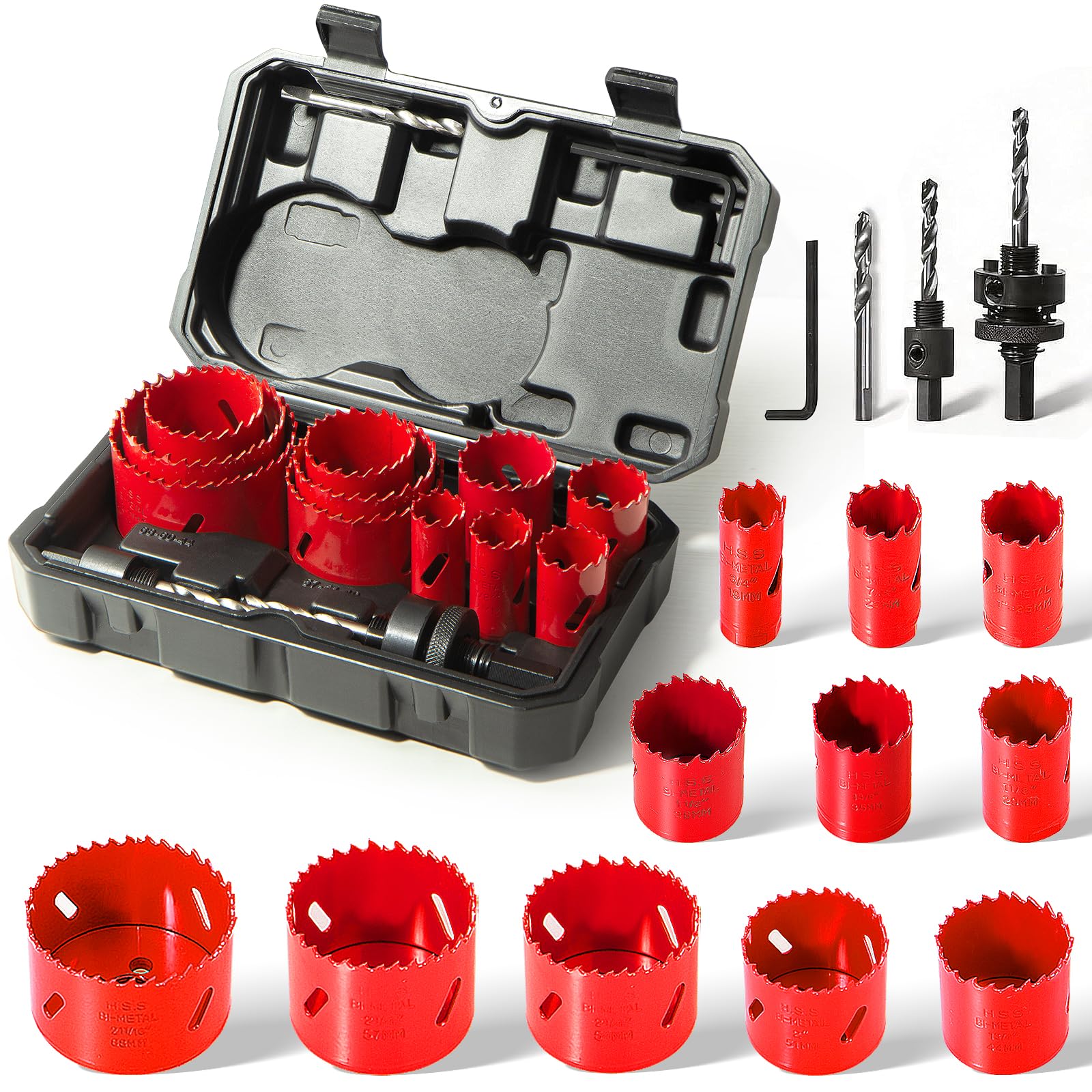 HYCHIKA - Kit per sega a tazza bimetallica, 17 pezzi, in acciaio ad alta velocità, da 3/4" a 2-1/2", in custodia con mandrini, punta per sega a tazza, sega a tazza per metallo sottile, legno duro,